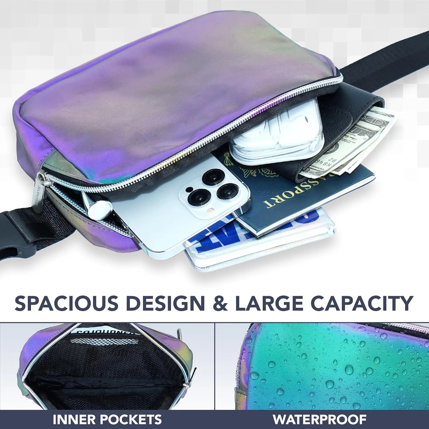 Iridescent Crossbody Belt Bag for Women  Stylish Fanny Pack, Functional and Fashion Waist Packs for Travel, Festivals, and Everyday Use