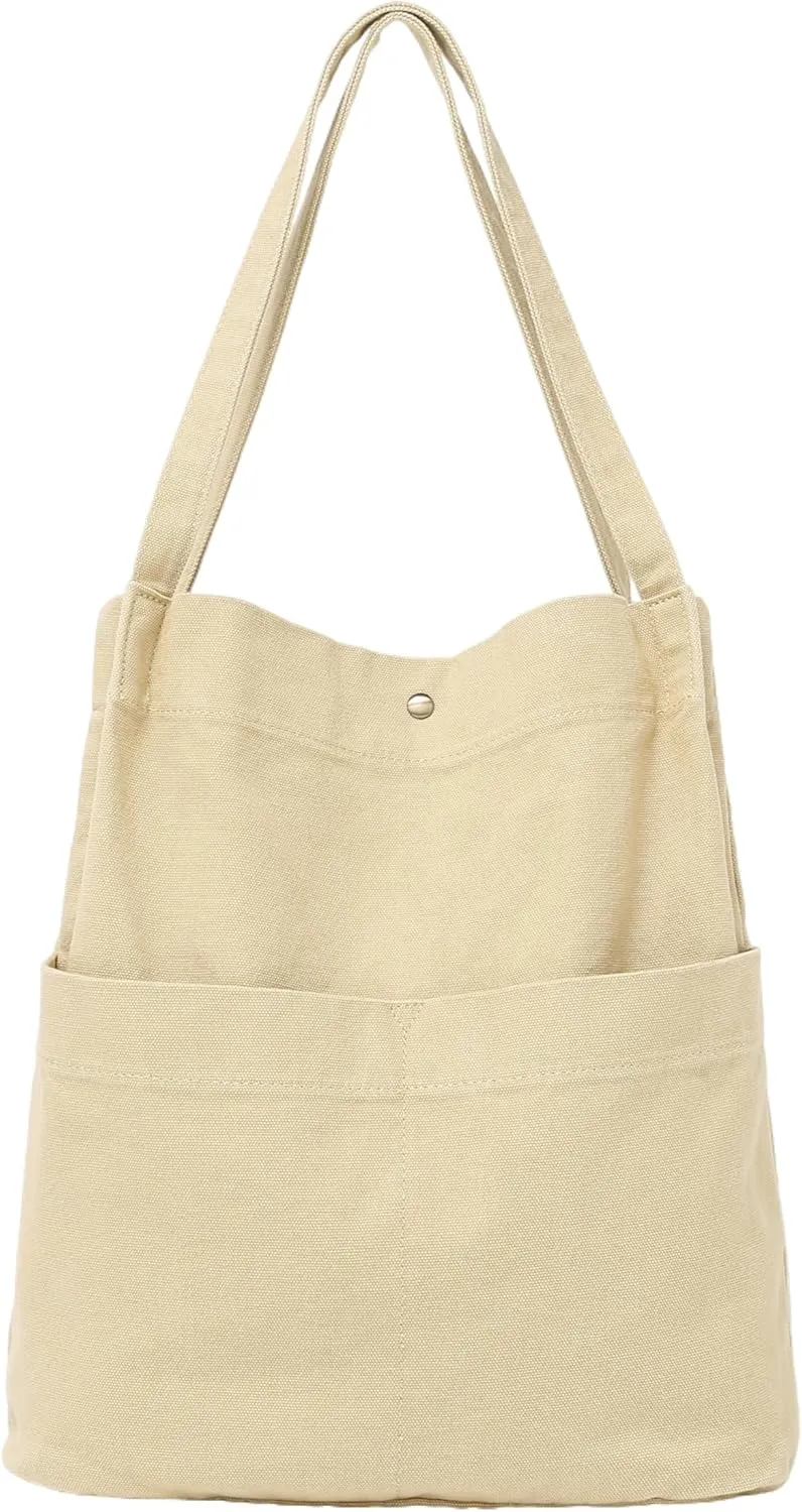 Jeelow Canvas Tote Handbag Shoulder Bucket Bag Purses For Men & Women With Pockets