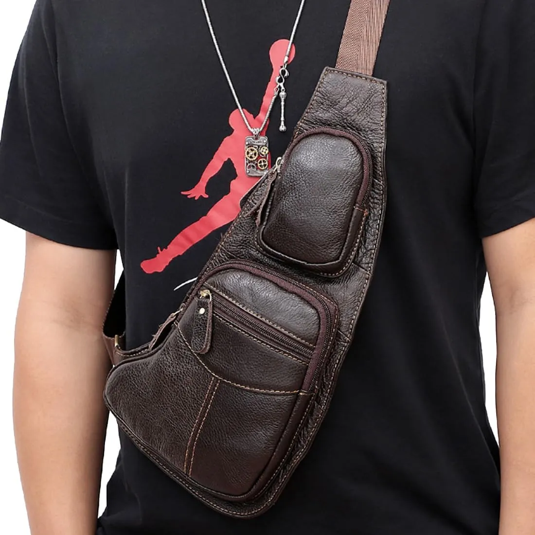KPYWZER Vintage Leather Sling Bag Backpack for Men Crossbody Shoulder Chest DayPack Backpacks