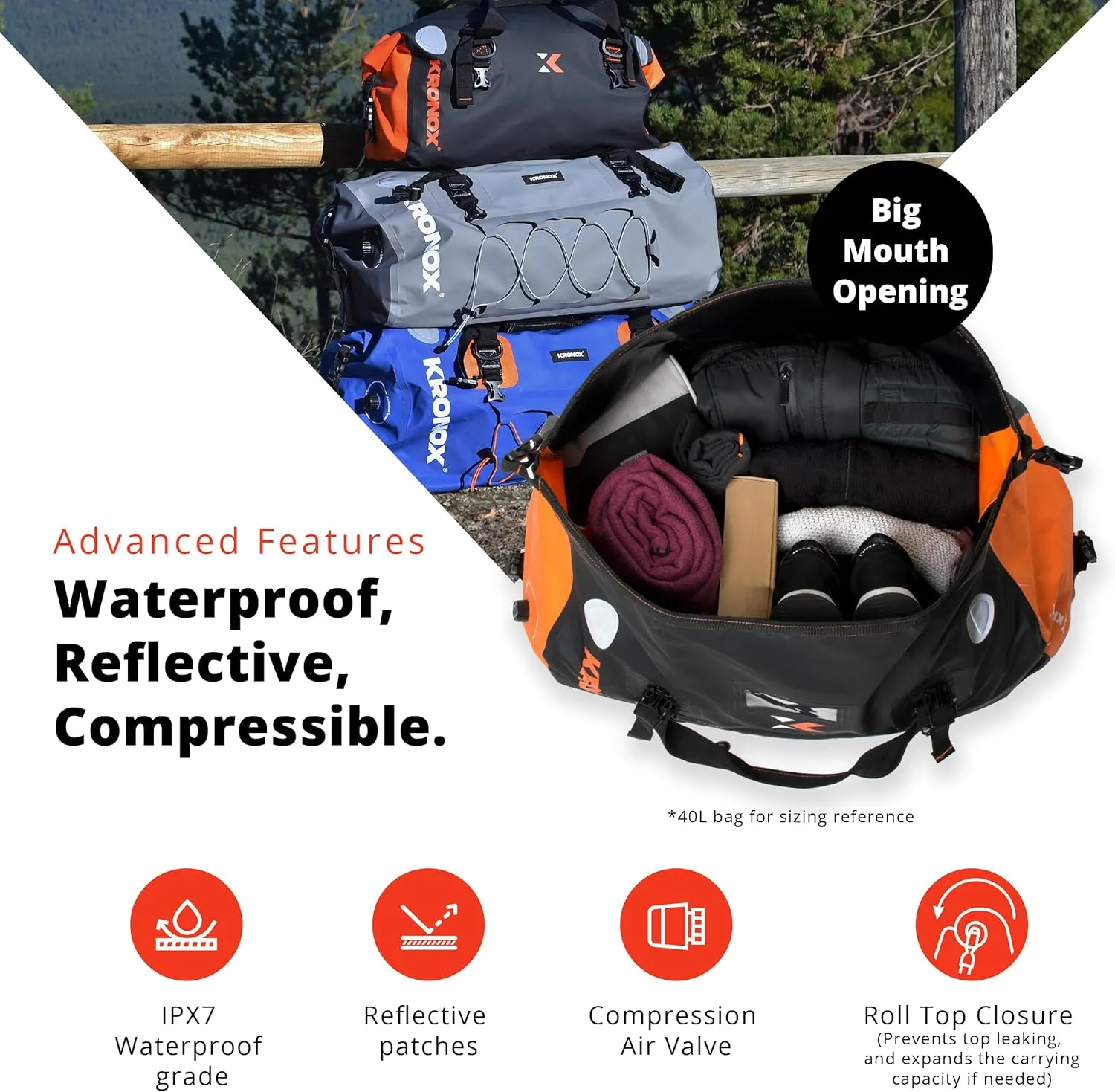 KRONOX Motorcycle Dry Bag, 25L Black Duffle - Waterproof Duffel Bag for Travel, Adventure or Dirt Bike Gear. Saddle and Back Seat Motorcycle Luggage.