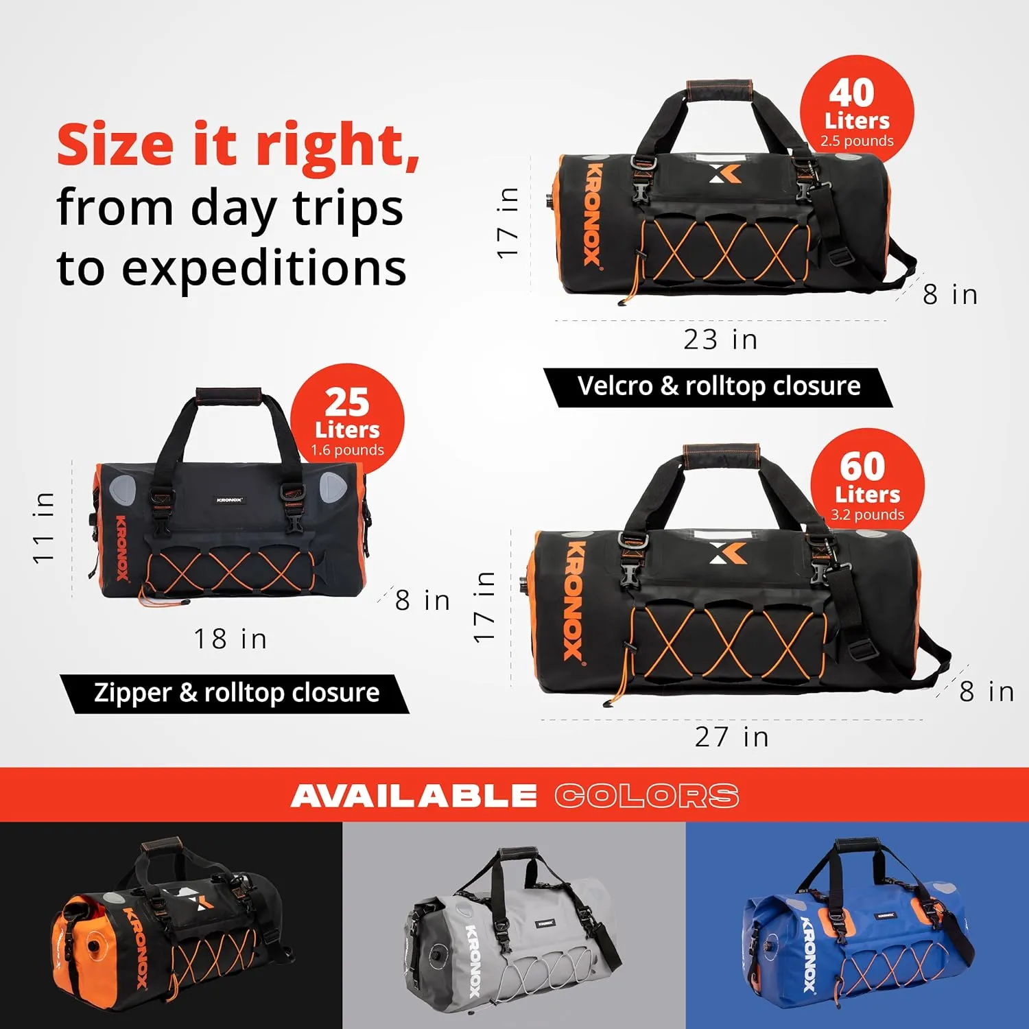 KRONOX Motorcycle Dry Bag, 25L Black Duffle - Waterproof Duffel Bag for Travel, Adventure or Dirt Bike Gear. Saddle and Back Seat Motorcycle Luggage.