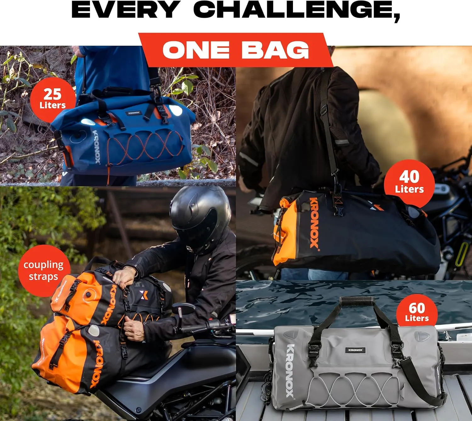 KRONOX Motorcycle Dry Bag, 25L Black Duffle - Waterproof Duffel Bag for Travel, Adventure or Dirt Bike Gear. Saddle and Back Seat Motorcycle Luggage.