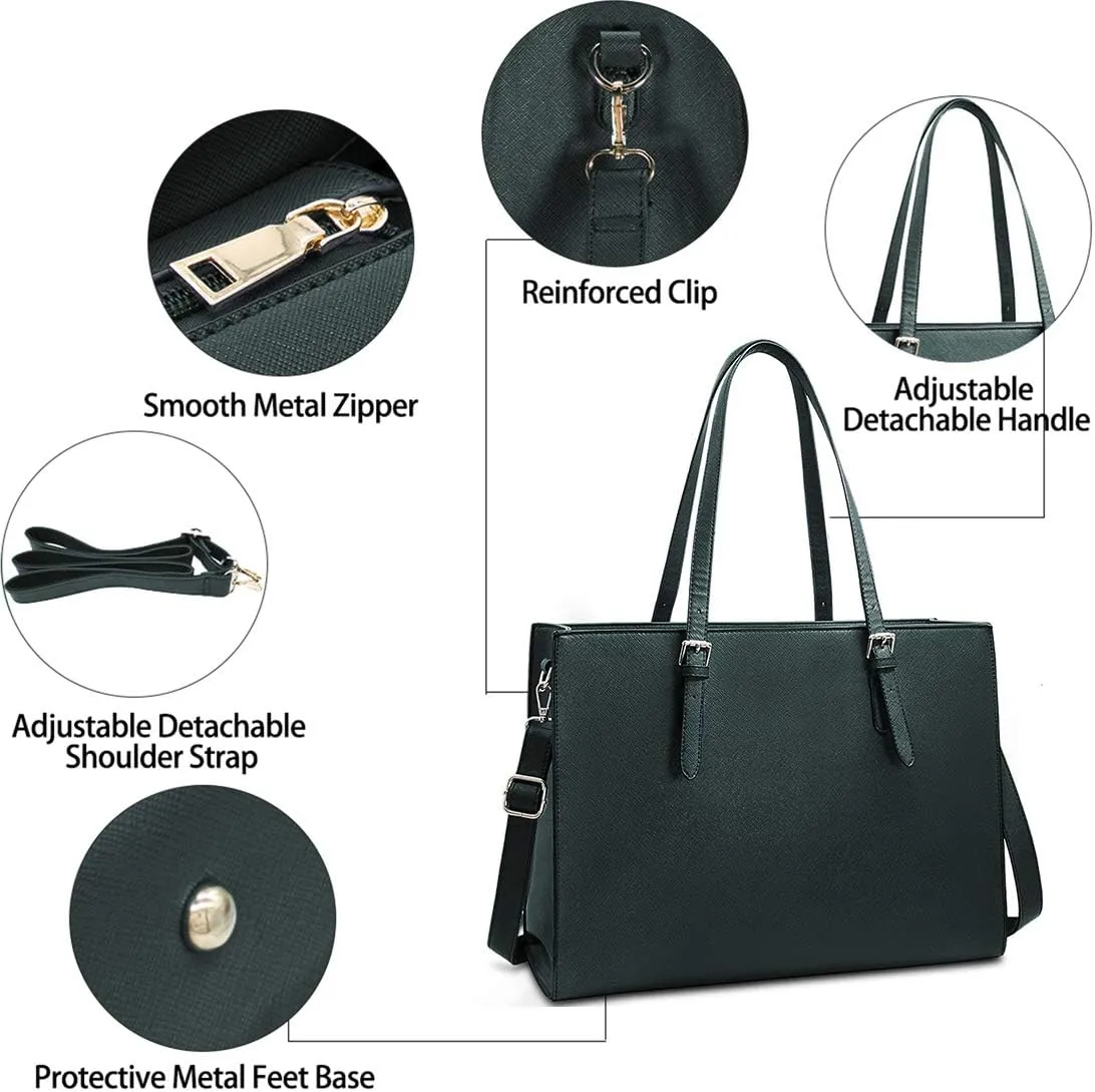 Laptop Bag for Women Waterproof Lightweight Leather 15.6 Inch Computer Tote Bag Business Office Briefcase Large Capacity Handbag Shoulder Bag Professional Office Work Bag Deepgreen
