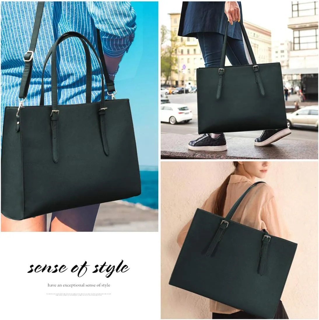 Laptop Bag for Women Waterproof Lightweight Leather 15.6 Inch Computer Tote Bag Business Office Briefcase Large Capacity Handbag Shoulder Bag Professional Office Work Bag Deepgreen