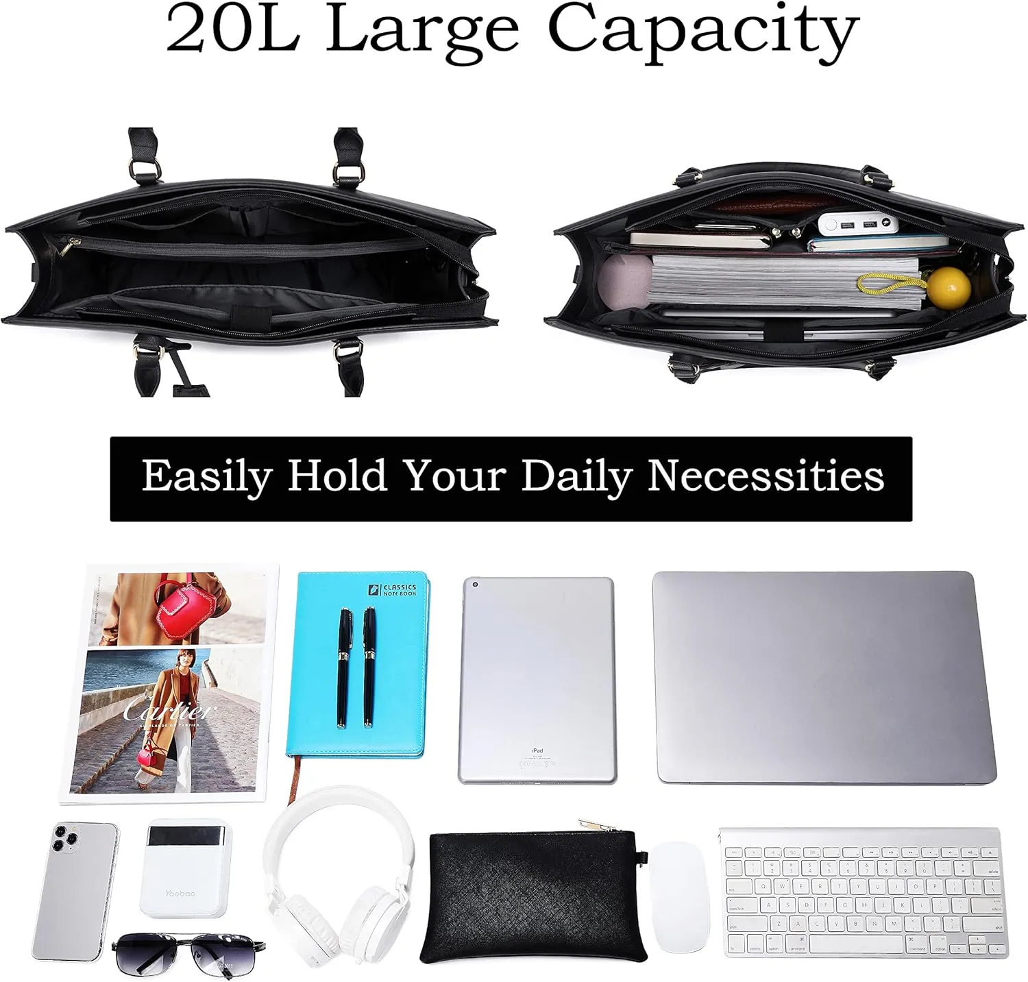 Laptop Tote Bag for Women - 17 inch Casual Work Bag with USB Charging Port & Clutch Purse (Black)
