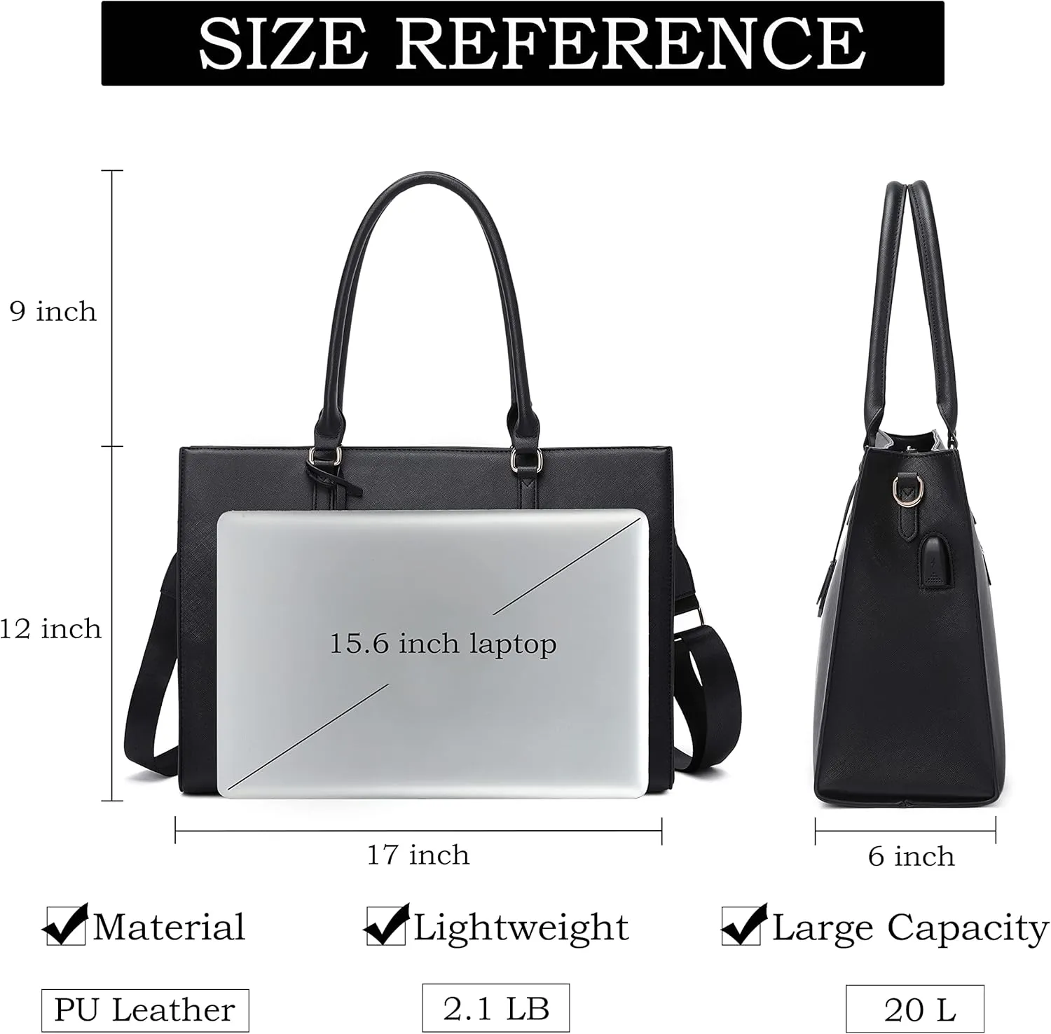 Laptop Tote Bag for Women - 17 inch Casual Work Bag with USB Charging Port & Clutch Purse (Black)