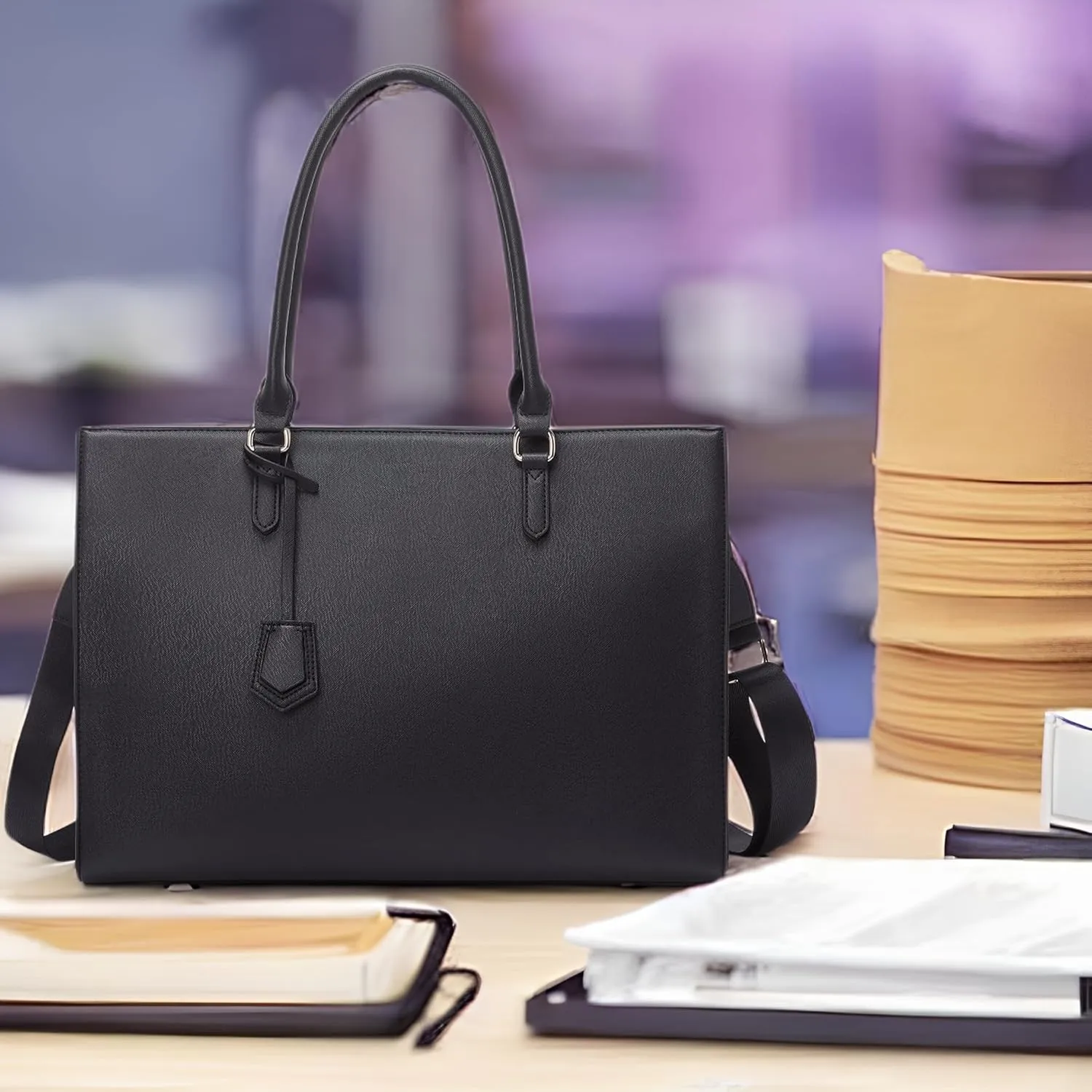 Laptop Tote Bag for Women - 17 inch Casual Work Bag with USB Charging Port & Clutch Purse (Black)