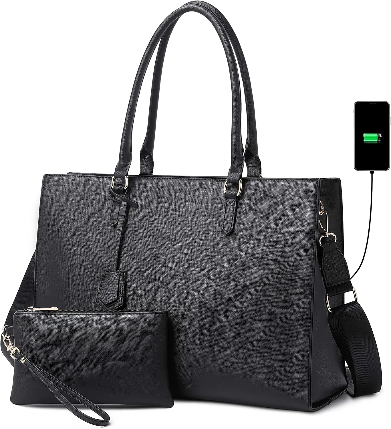Laptop Tote Bag for Women - 17 inch Casual Work Bag with USB Charging Port & Clutch Purse (Black)
