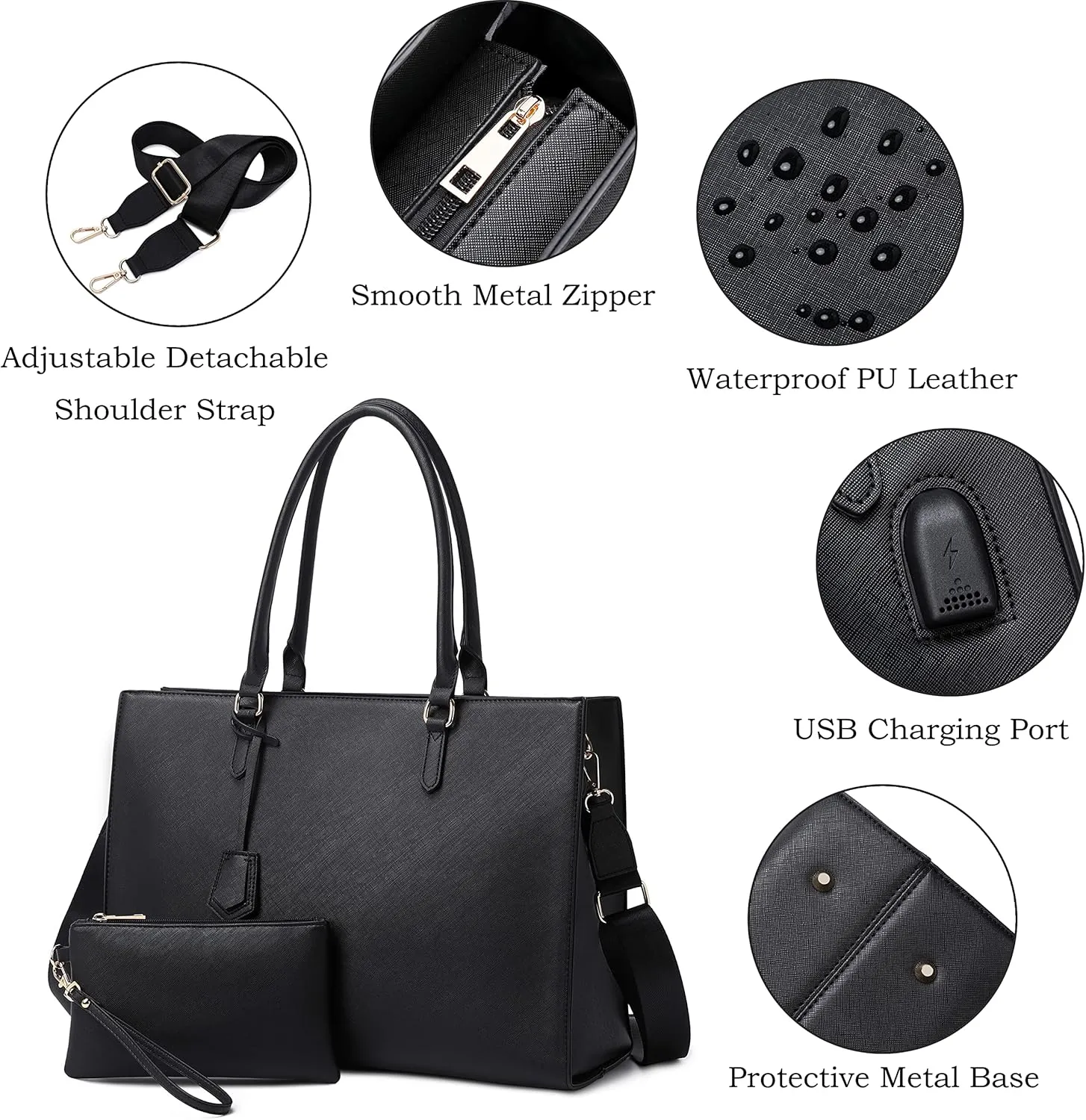 Laptop Tote Bag for Women - 17 inch Casual Work Bag with USB Charging Port & Clutch Purse (Black)