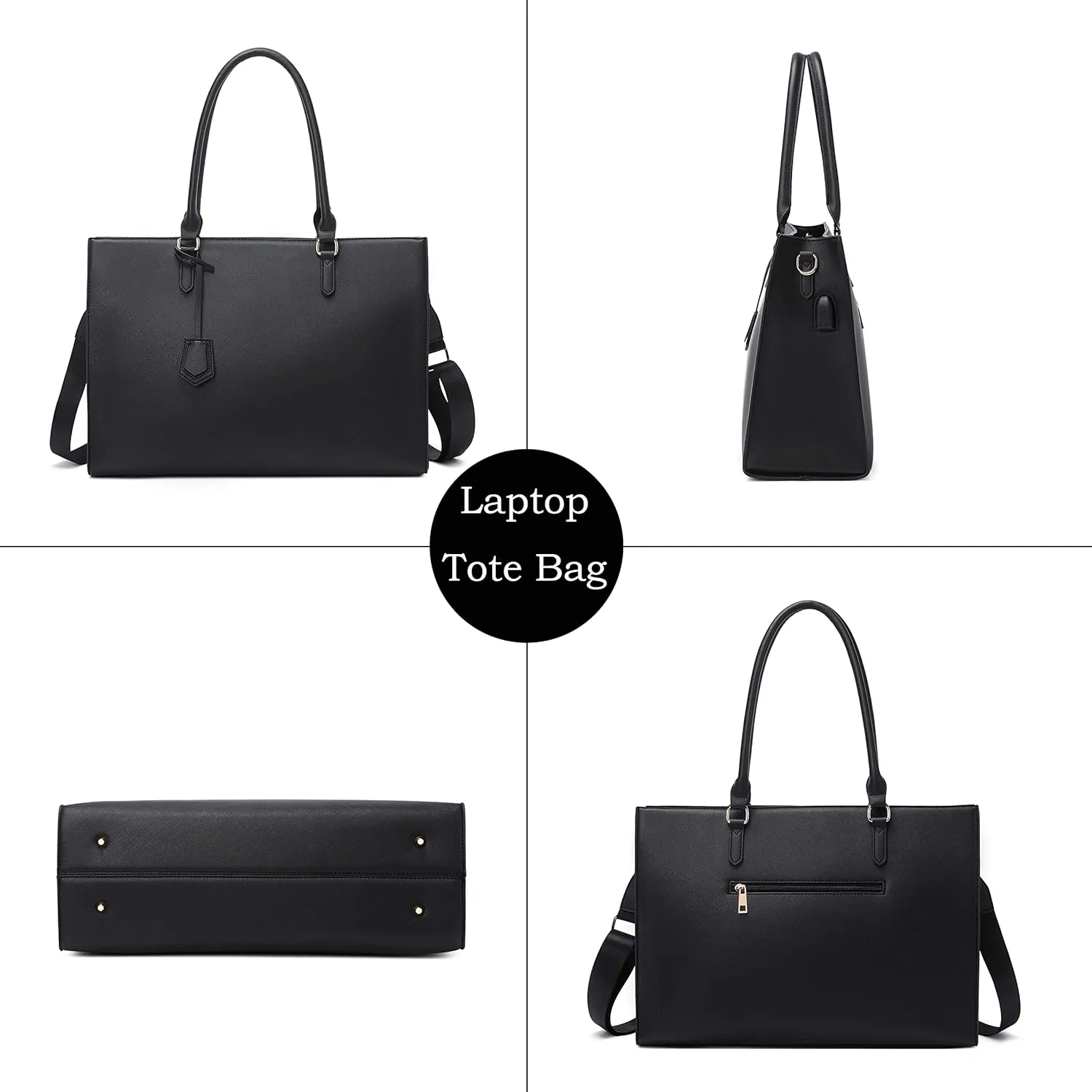 Laptop Tote Bag for Women - 17 inch Casual Work Bag with USB Charging Port & Clutch Purse (Black)