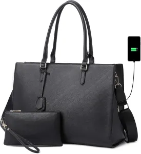 Laptop Tote Bag for Women - 17 inch Casual Work Bag with USB Charging Port & Clutch Purse (Black)