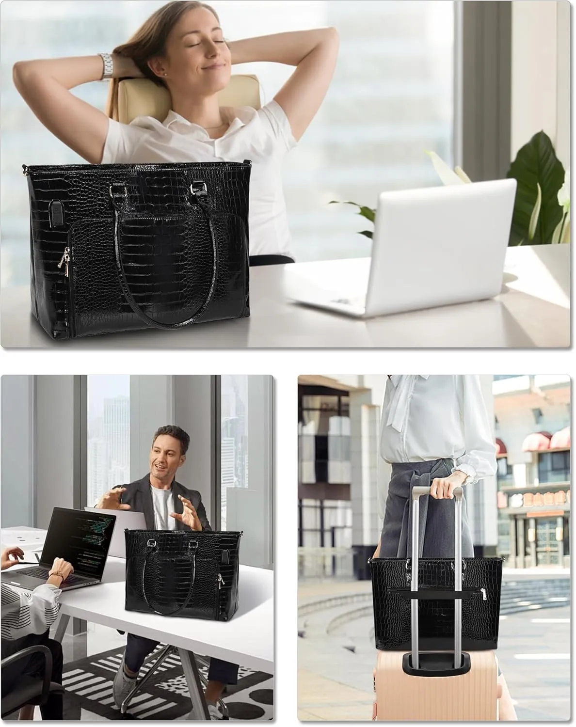 Laptop Tote Bag for Women 17.3 Inch Waterproof Leather Large Laptop Bag Gifts for Women Girls Business Office Work Briefcase Stylish Computer Bags Handbag Satchel Shoulder Bag with USB Charging Port