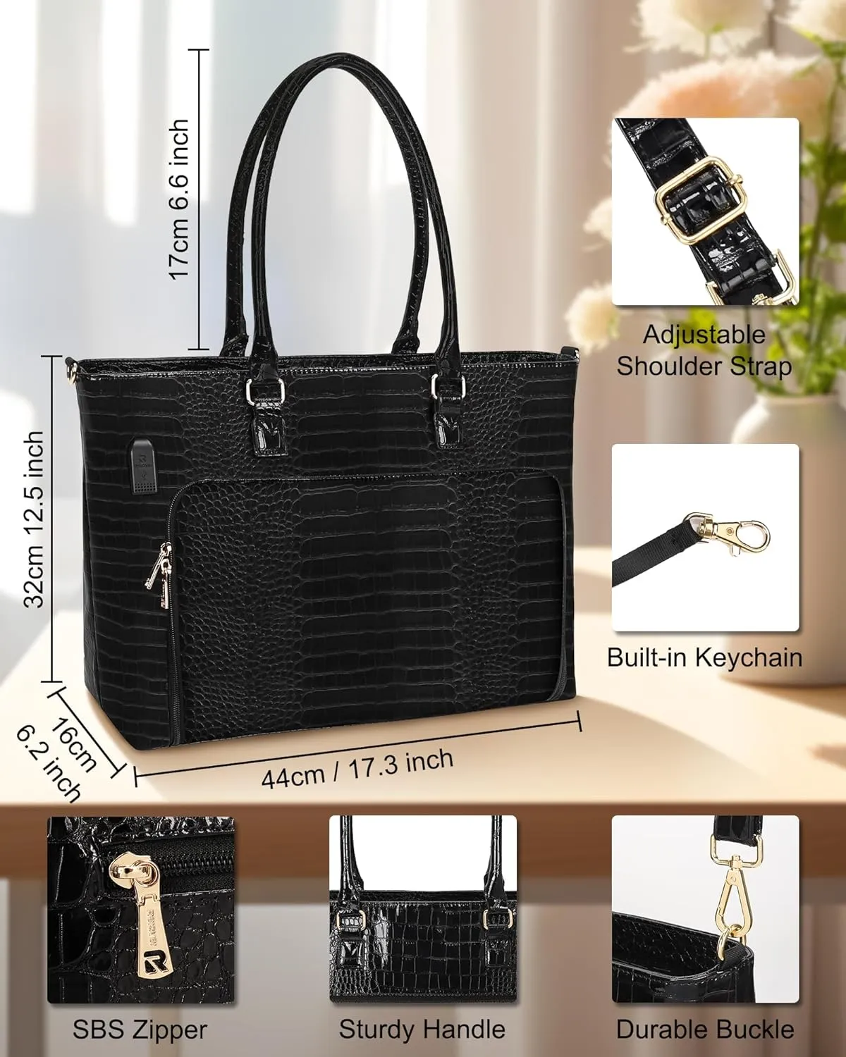 Laptop Tote Bag for Women 17.3 Inch Waterproof Leather Large Laptop Bag Gifts for Women Girls Business Office Work Briefcase Stylish Computer Bags Handbag Satchel Shoulder Bag with USB Charging Port