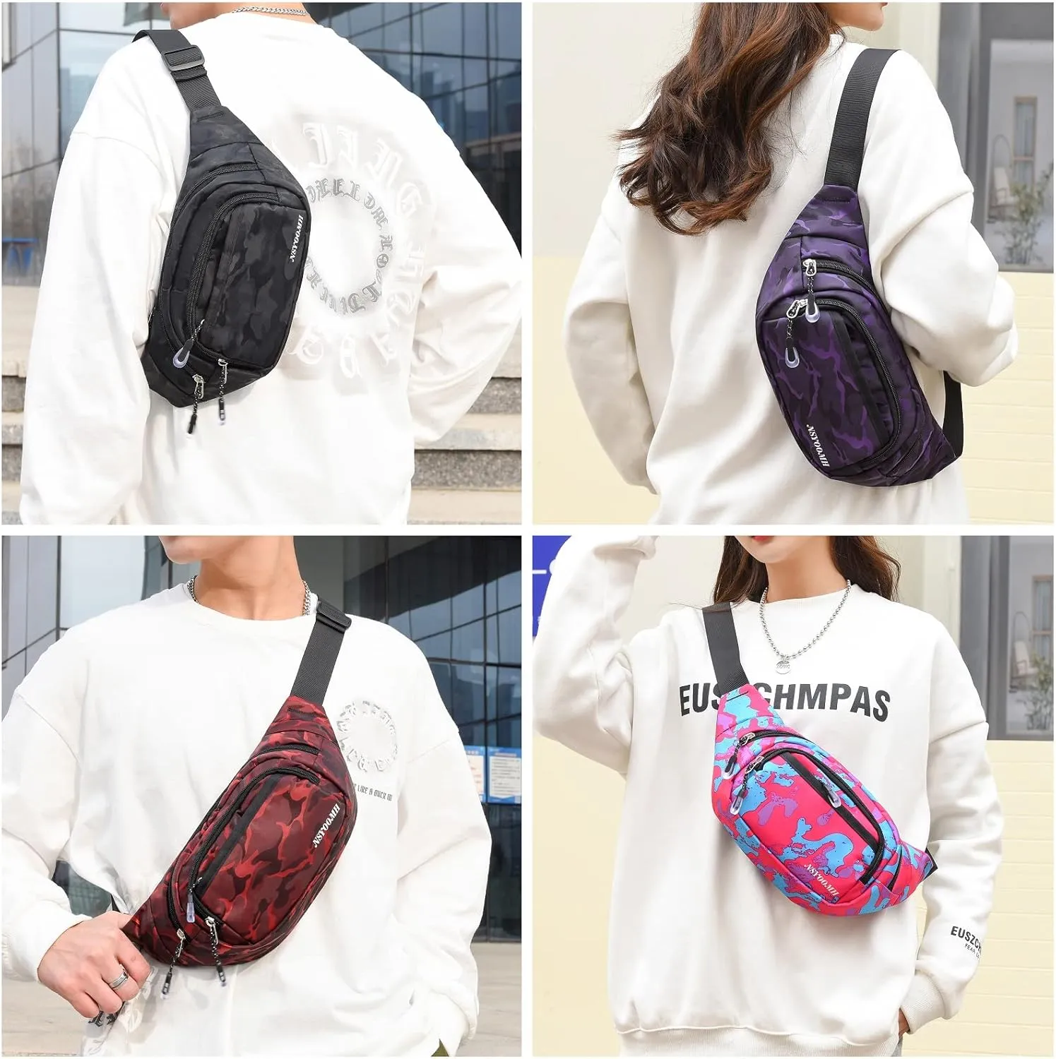 Large Fanny Packs for Women, 5-Zipper Pockets Water Resistant Practical Waist Bag, for Outdoor Running Cycling Sports Travel Hiking Camping Fishing Fashionable Camo Belt Bags
