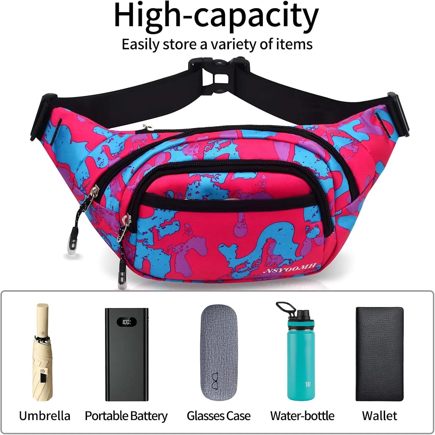 Large Fanny Packs for Women, 5-Zipper Pockets Water Resistant Practical Waist Bag, for Outdoor Running Cycling Sports Travel Hiking Camping Fishing Fashionable Camo Belt Bags