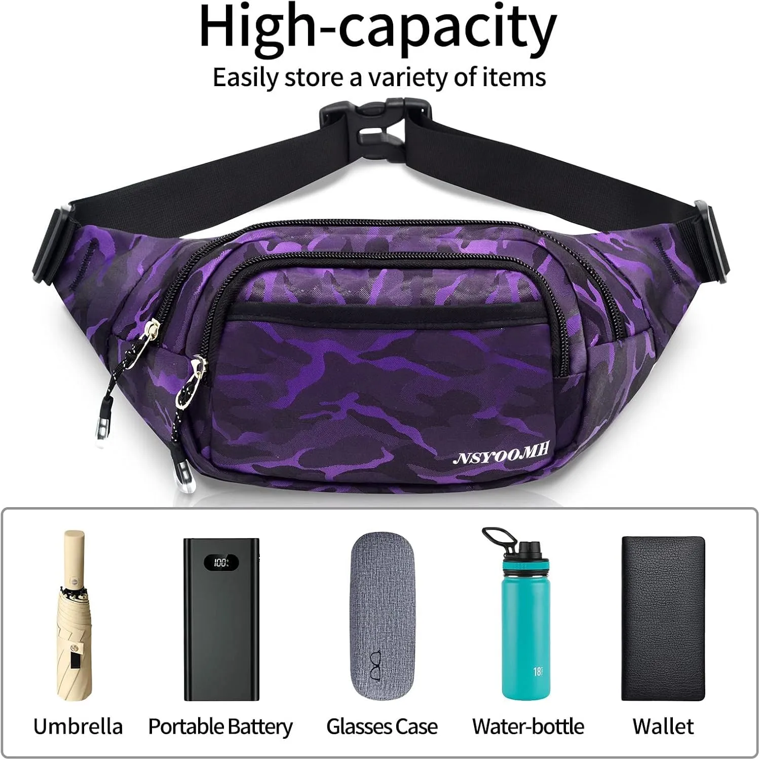 Large Fanny Packs for Women, 5-Zipper Pockets Water Resistant Practical Waist Bag, for Outdoor Running Cycling Sports Travel Hiking Camping Fishing Fashionable Camo Belt Bags
