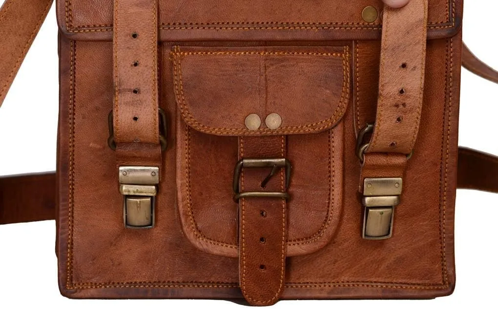 Leather crossbody bag messenger satchel tablet bag 11 inches for men and women (Brown)