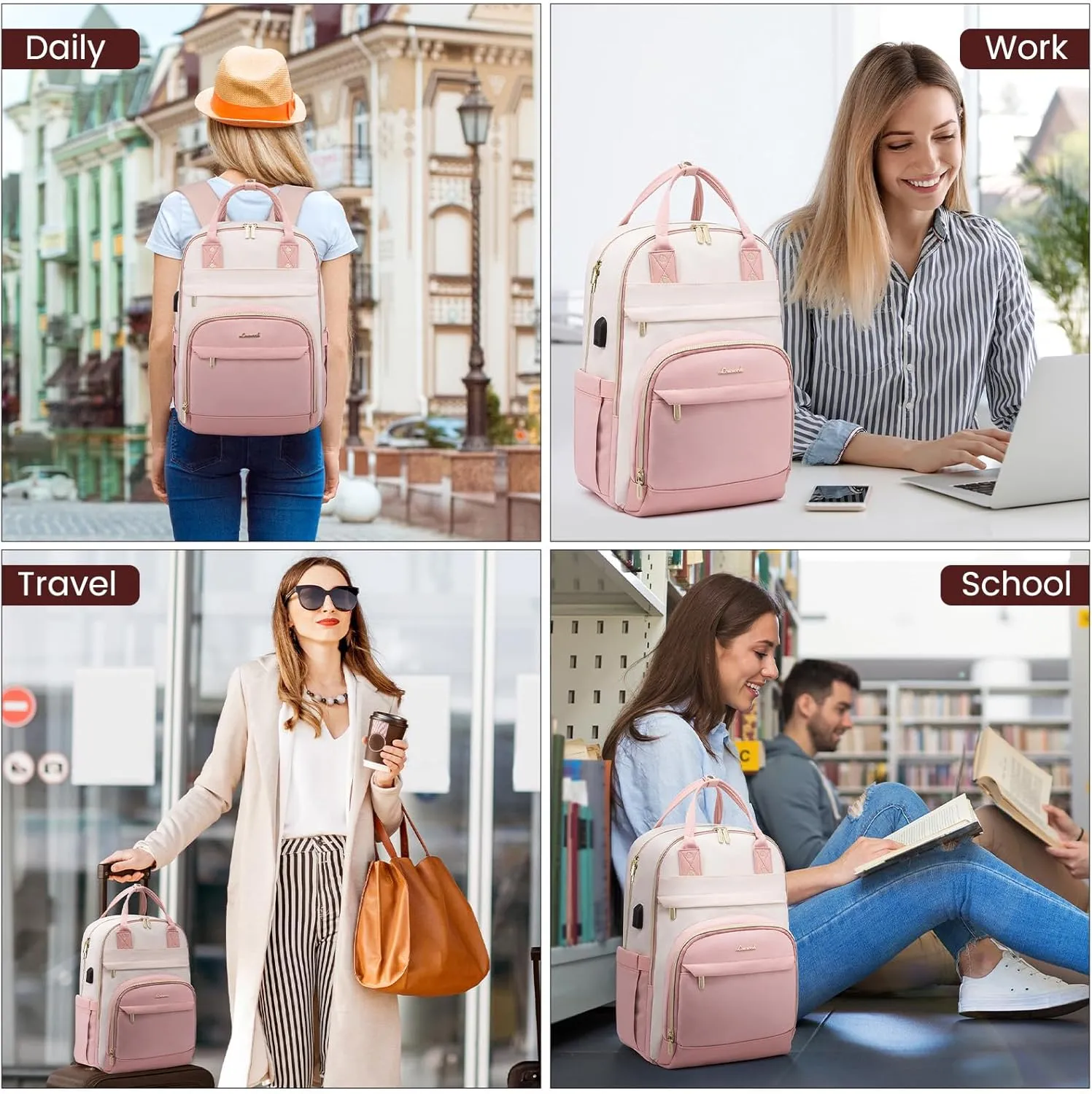 LOVEVOOK Backpack for Women,Laptop Backpack Women,Fits 17 Inch Laptop Bag,School Backpacks,Fashion Travel Work Anti-theft Bag,Waterproof Business Computer College Backpack Purse,Beige-Pink-Pink
