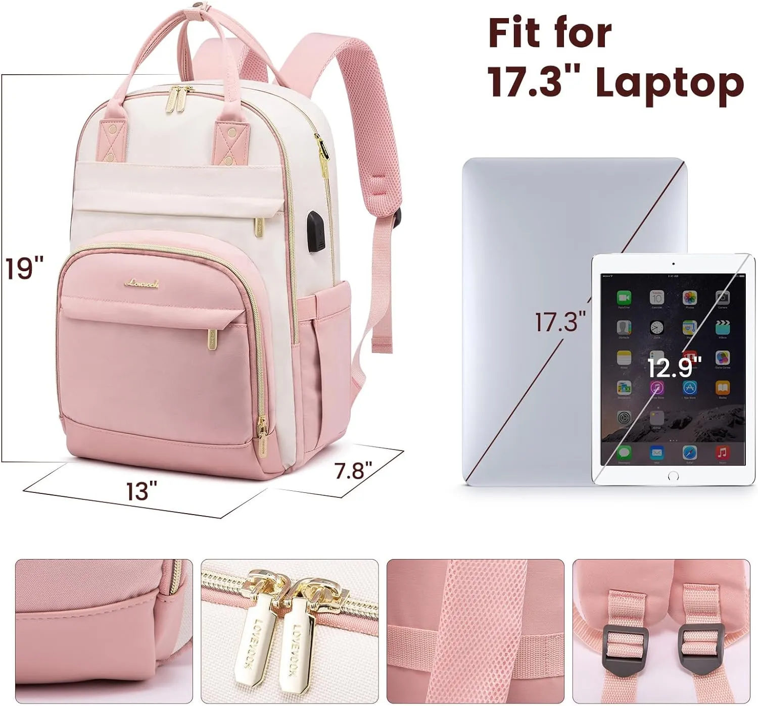 LOVEVOOK Backpack for Women,Laptop Backpack Women,Fits 17 Inch Laptop Bag,School Backpacks,Fashion Travel Work Anti-theft Bag,Waterproof Business Computer College Backpack Purse,Beige-Pink-Pink