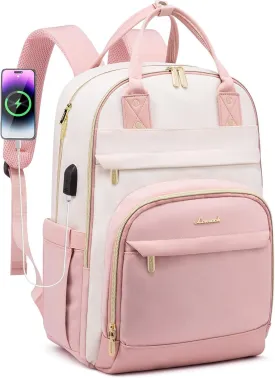 LOVEVOOK Backpack for Women,Laptop Backpack Women,Fits 17 Inch Laptop Bag,School Backpacks,Fashion Travel Work Anti-theft Bag,Waterproof Business Computer College Backpack Purse,Beige-Pink-Pink