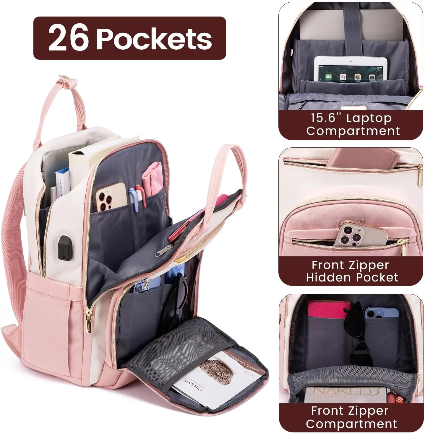 LOVEVOOK Backpack for Women,Laptop Backpack Women,Fits 17 Inch Laptop Bag,School Backpacks,Fashion Travel Work Anti-theft Bag,Waterproof Business Computer College Backpack Purse,Beige-Pink-Pink
