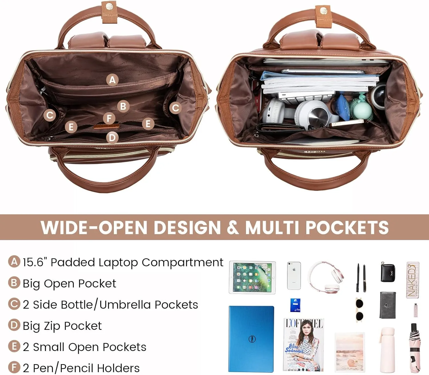 LOVEVOOK Leather Laptop Backpack for Women 15.6 inch,Travel Purse Nurse Teacher Carry On Backpack Computer Bag,Professional College Business Work Bags with USB Port,Brown