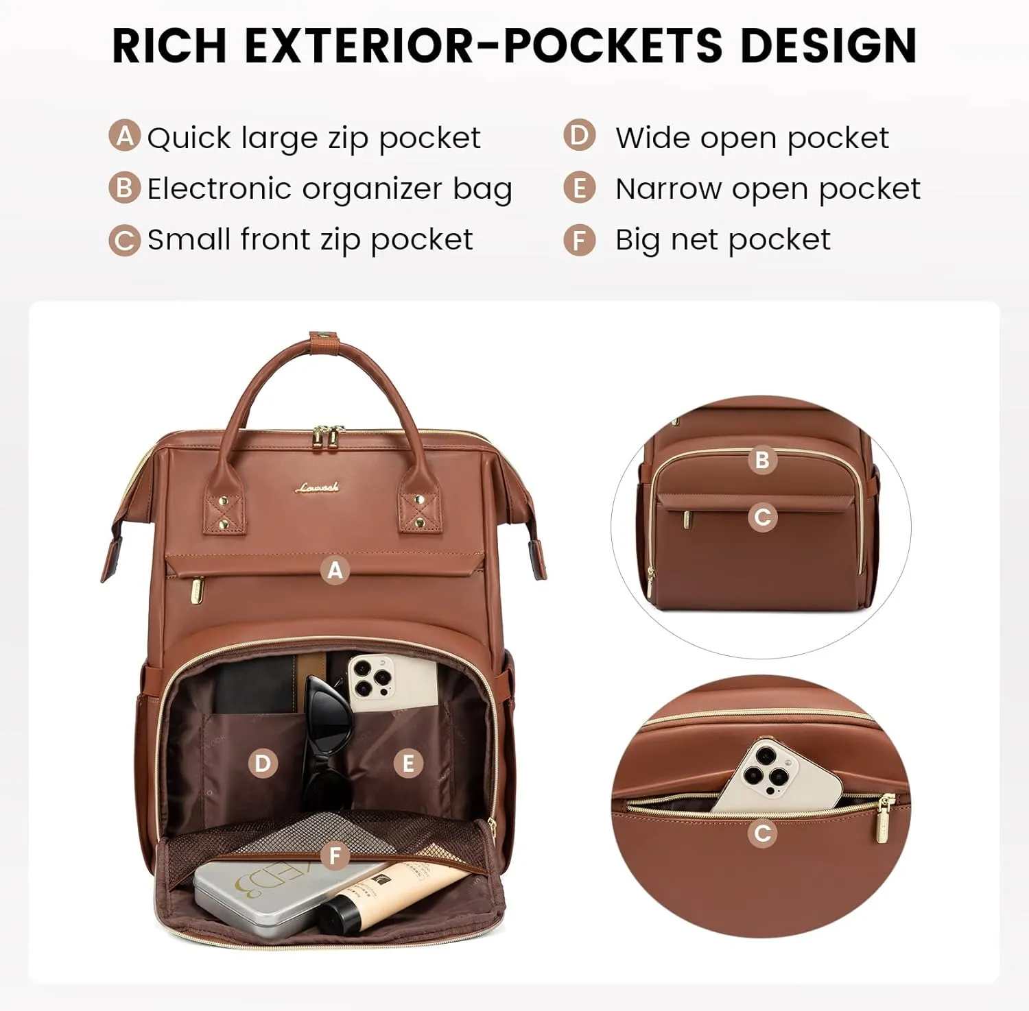 LOVEVOOK Leather Laptop Backpack for Women 15.6 inch,Travel Purse Nurse Teacher Carry On Backpack Computer Bag,Professional College Business Work Bags with USB Port,Brown