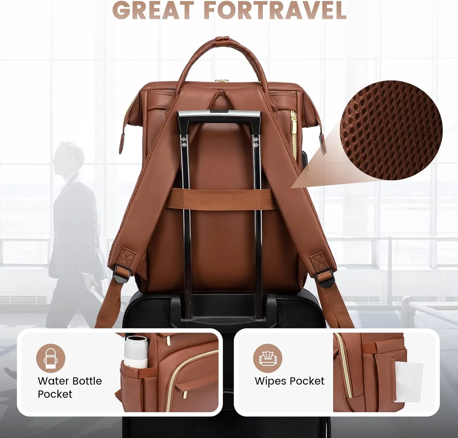 LOVEVOOK Leather Laptop Backpack for Women 15.6 inch,Travel Purse Nurse Teacher Carry On Backpack Computer Bag,Professional College Business Work Bags with USB Port,Brown