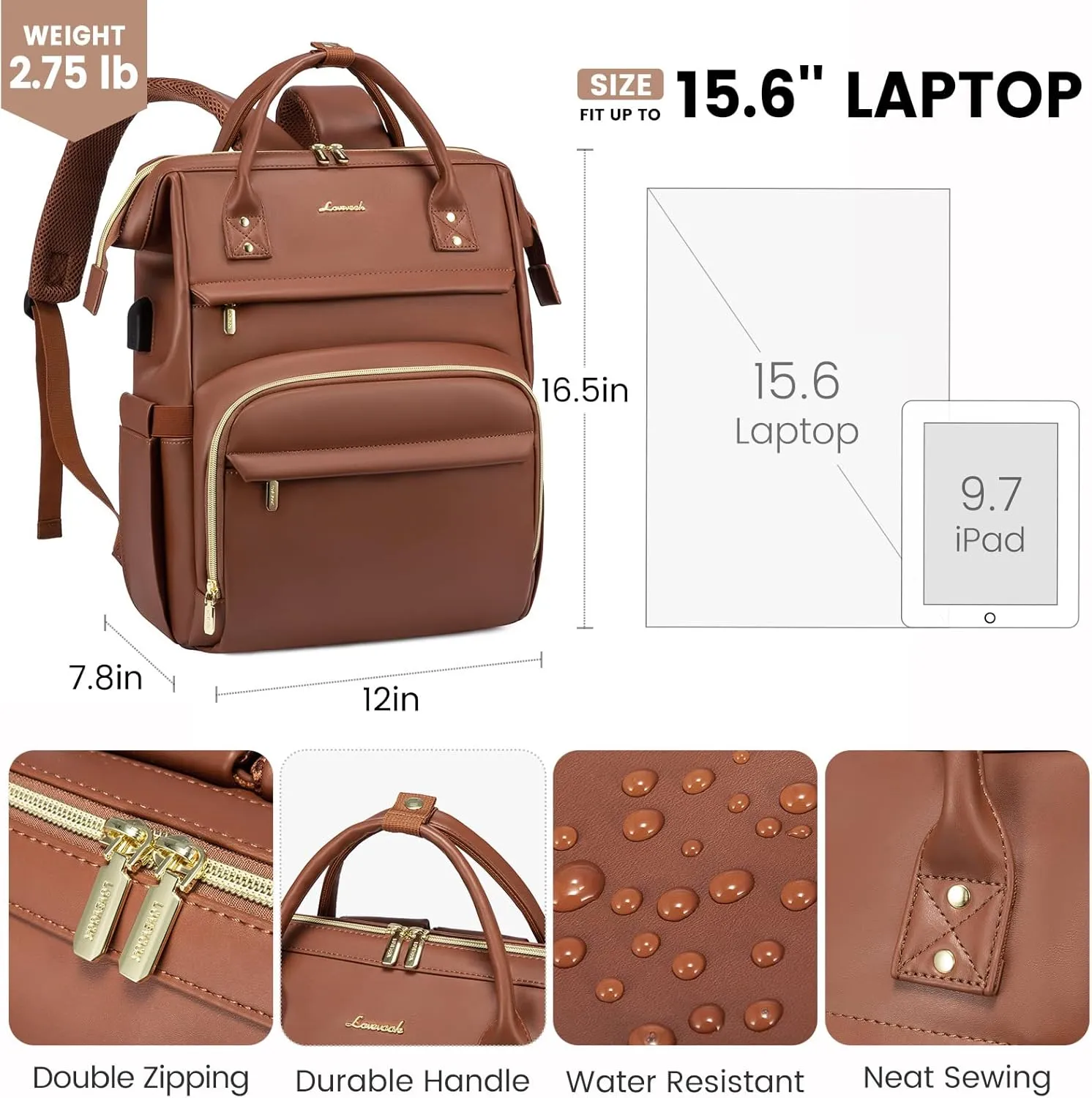 LOVEVOOK Leather Laptop Backpack for Women 15.6 inch,Travel Purse Nurse Teacher Carry On Backpack Computer Bag,Professional College Business Work Bags with USB Port,Brown