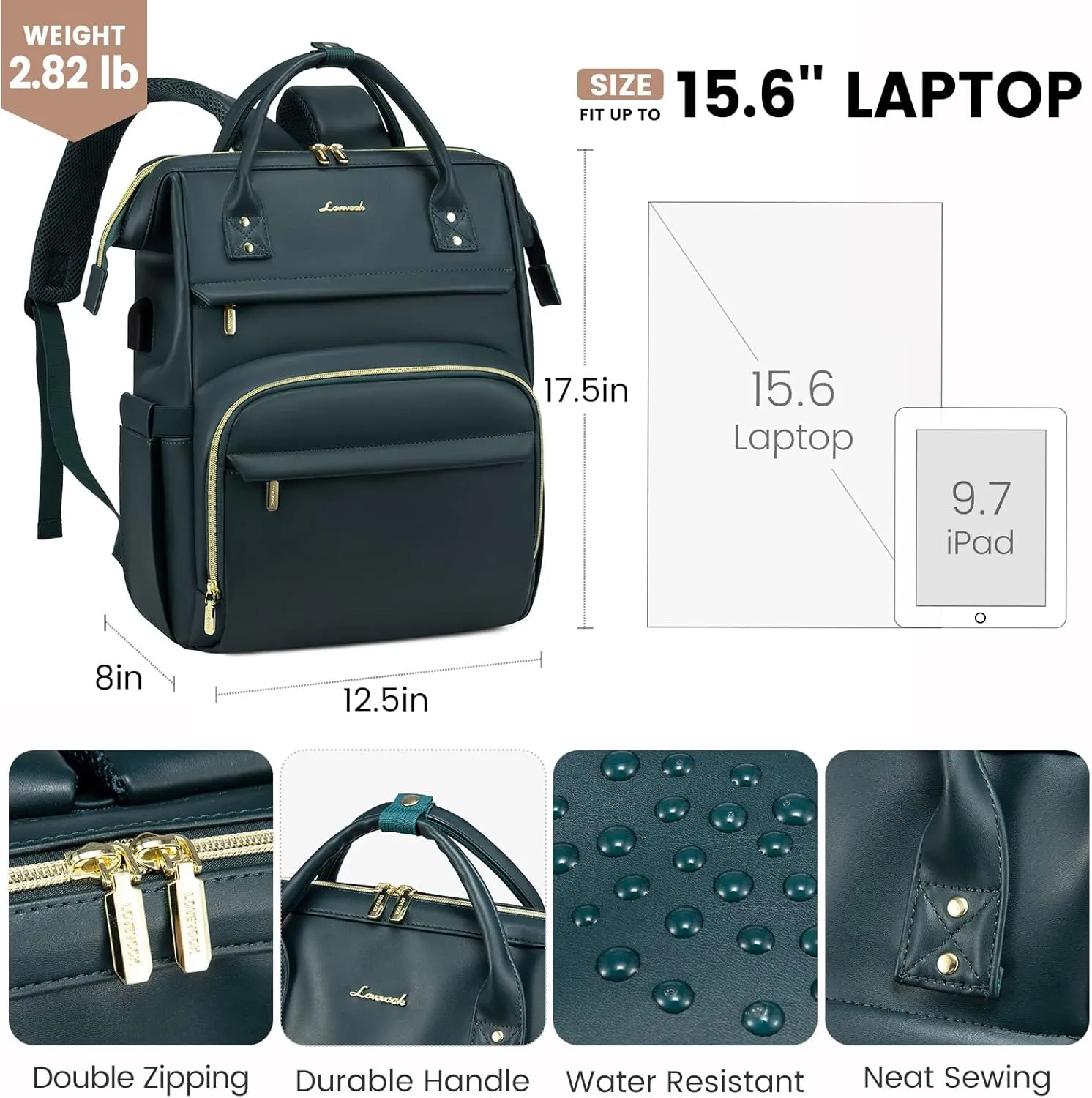 LOVEVOOK Leather Laptop Backpack for Women 17 inch,Travel Backpack Purse Nurse Teacher Backpack Computer Laptop Bag,Professional College Business Work Bag Carry On Backpack with USB Port,Dark Green