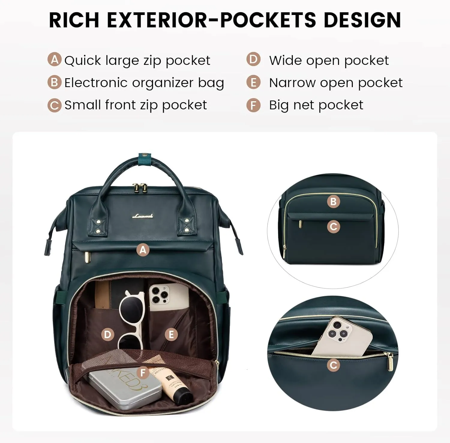 LOVEVOOK Leather Laptop Backpack for Women 17 inch,Travel Backpack Purse Nurse Teacher Backpack Computer Laptop Bag,Professional College Business Work Bag Carry On Backpack with USB Port,Dark Green