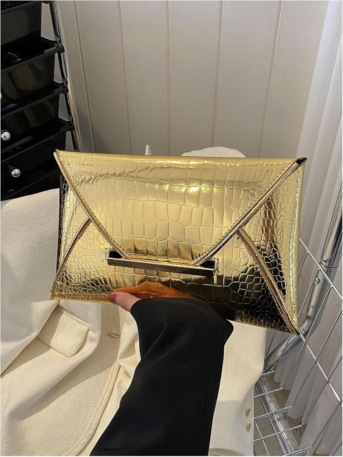MakeMeChic Women's Glitter Crocodile PU Leather Envelope Medium Evening Bag Clutch Handbags