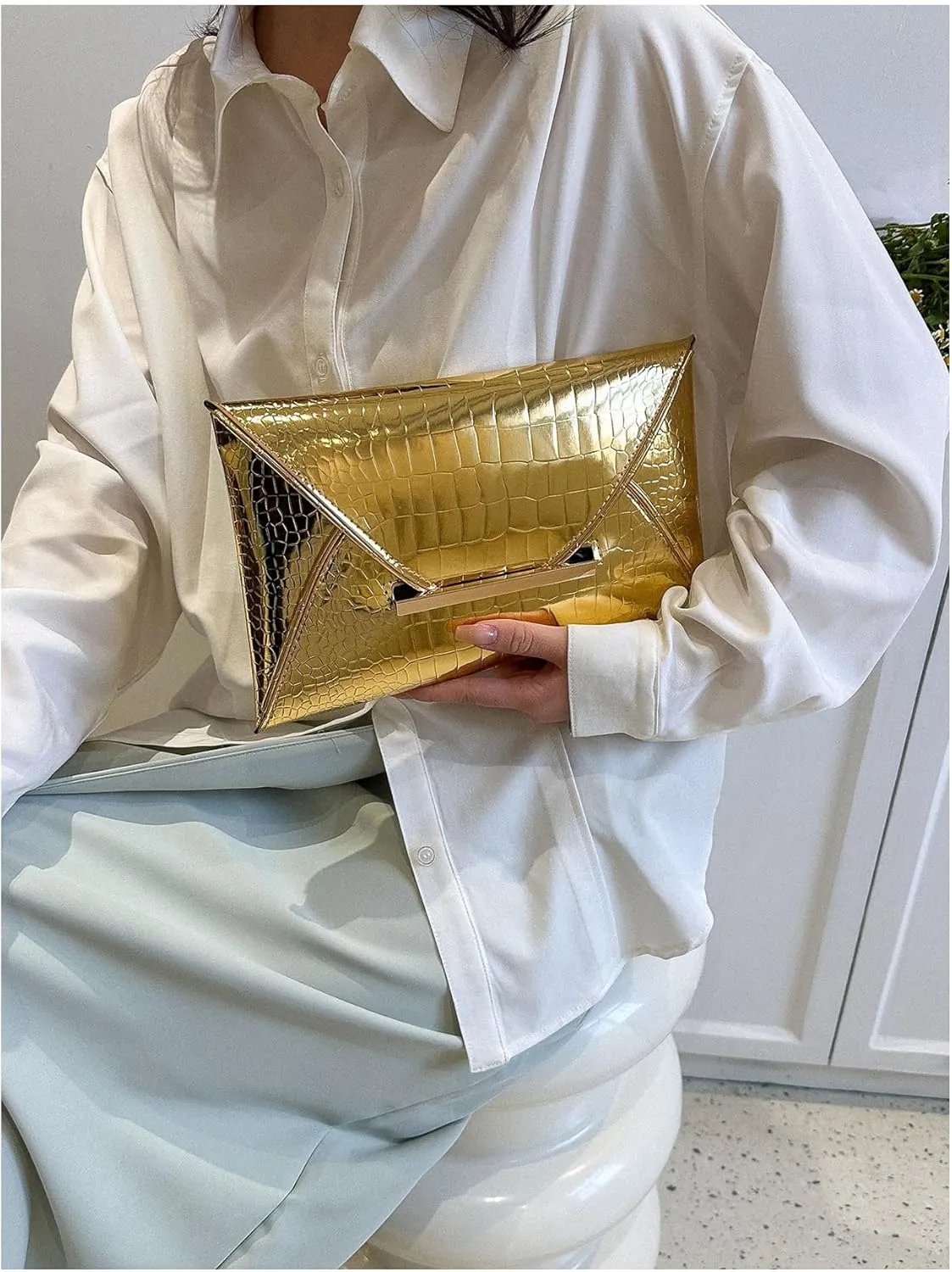 MakeMeChic Women's Glitter Crocodile PU Leather Envelope Medium Evening Bag Clutch Handbags