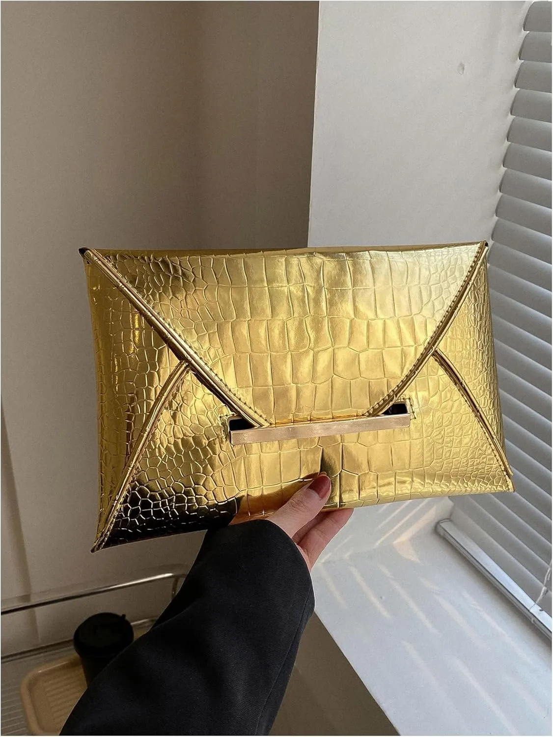 MakeMeChic Women's Glitter Crocodile PU Leather Envelope Medium Evening Bag Clutch Handbags