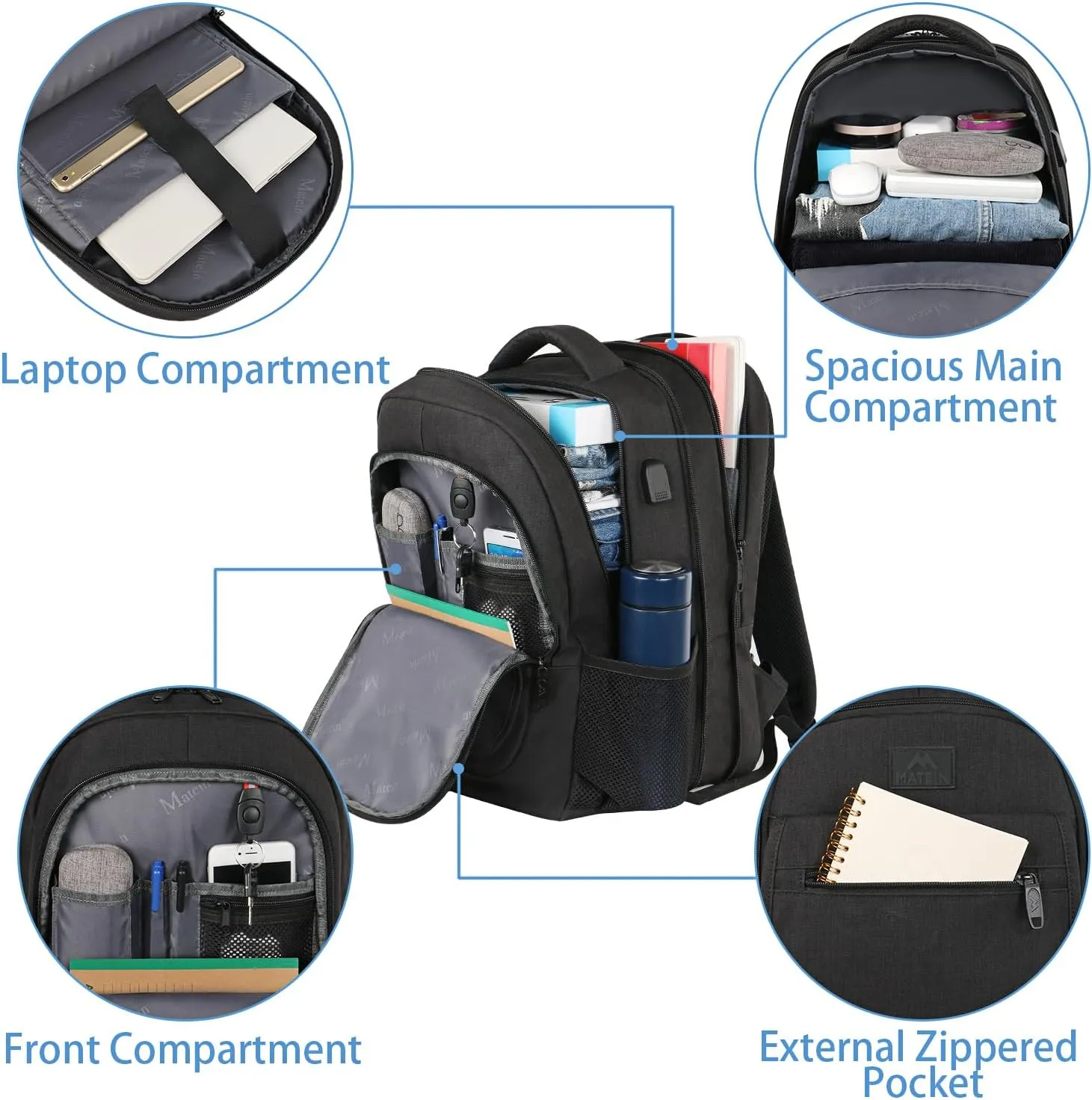 MATEIN College Large Travel Backpack, TSA Expandable Laptop Backpack with USB Charging Port, Anti Theft Computer Bag Fit 17.3 Inch Laptop Water Resistant College Computer Bag Gift for Men Women, Black