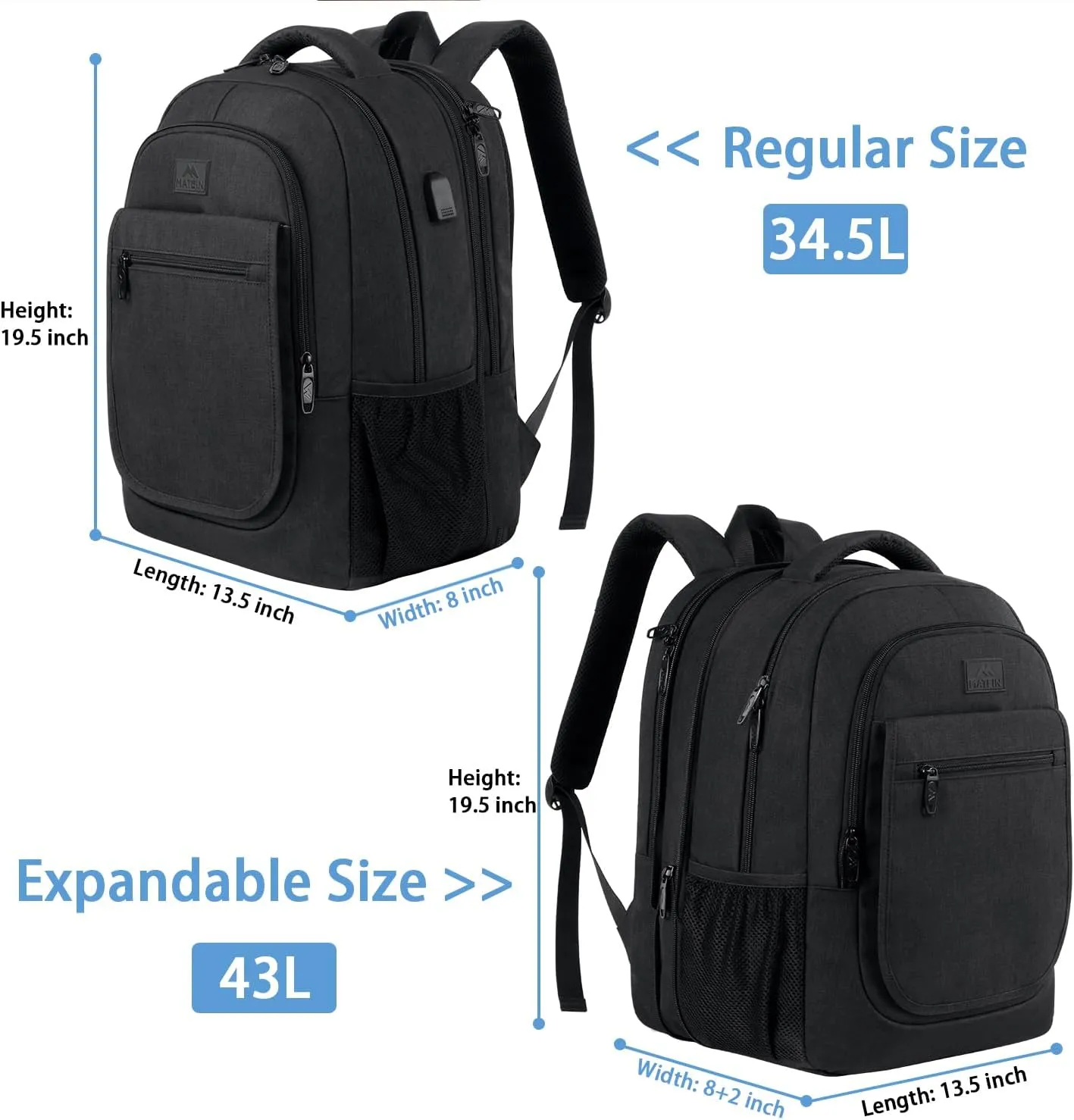 MATEIN College Large Travel Backpack, TSA Expandable Laptop Backpack with USB Charging Port, Anti Theft Computer Bag Fit 17.3 Inch Laptop Water Resistant College Computer Bag Gift for Men Women, Black