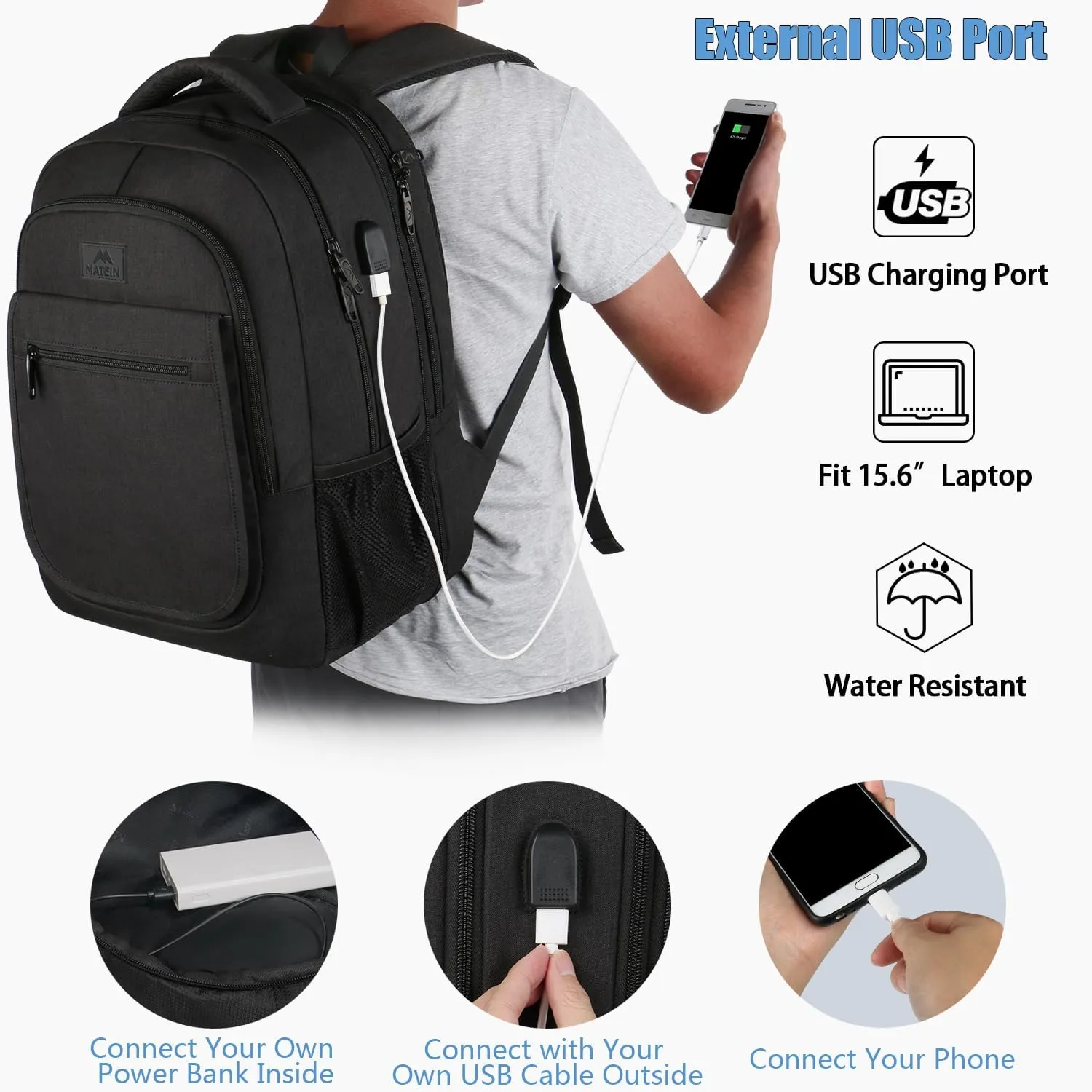 MATEIN College Large Travel Backpack, TSA Expandable Laptop Backpack with USB Charging Port, Anti Theft Computer Bag Fit 17.3 Inch Laptop Water Resistant College Computer Bag Gift for Men Women, Black