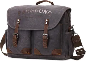 Mens Messenger Bag 15.6 Inch Vintage Waxed Canvas Genuine Leather Briefcase Leather Computer Laptop Bag Rugged Satchel Shoulder Bag Black Gray