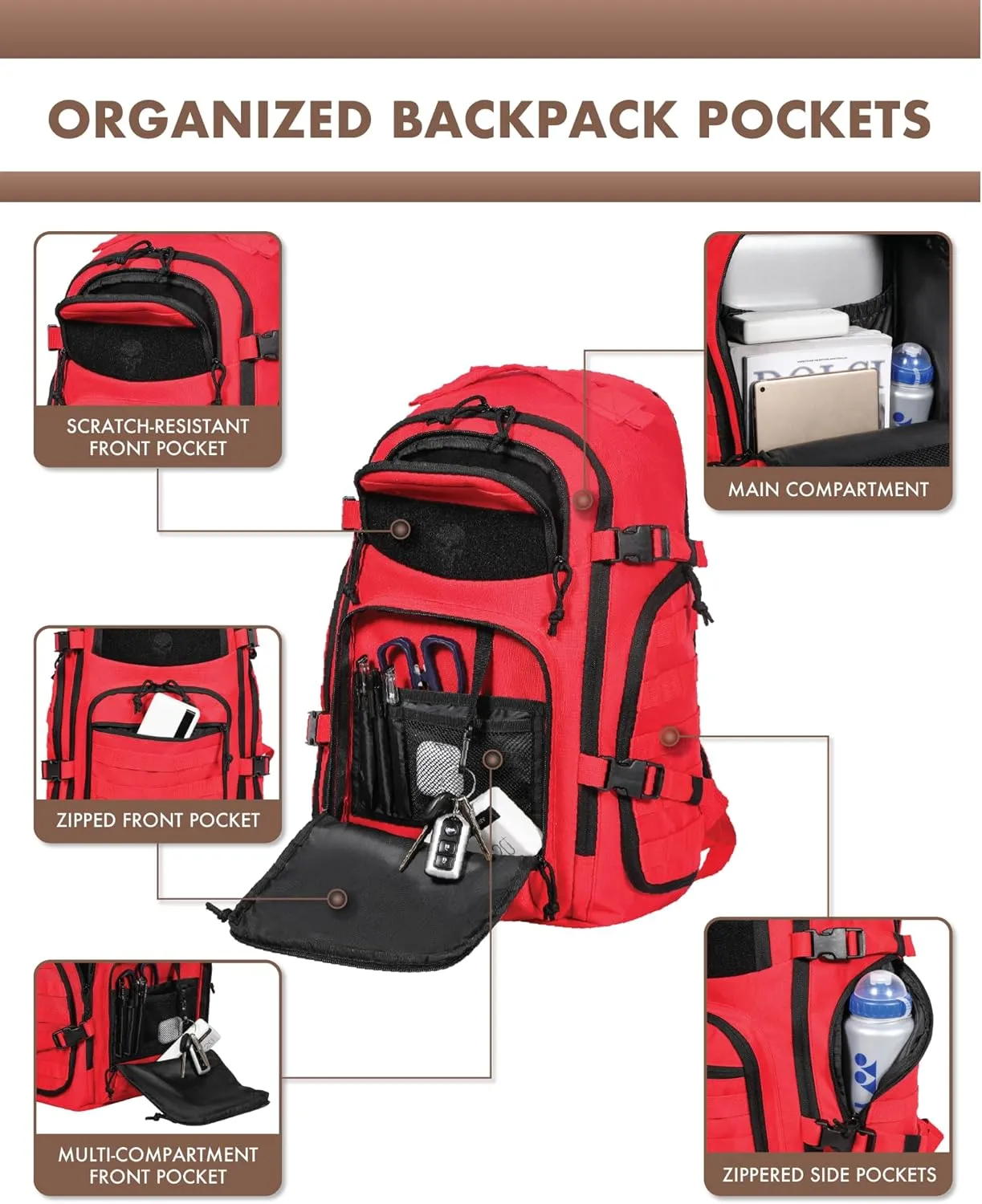 Military Tactical Backpack for Men, 35L Tactical Laptop Backpack, Tactical Bag Bug Out Bag, Army 3 Days Assault Pack - Red