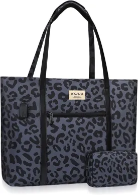 MOSISO USB Charging Port Laptop Bags for Women, Compatible with MacBook, 17-17.3 inch Notebook and Chromebook, Leopard Grain Work Tote Bag Travel Handbag Business Computer Bag with Small Purse, Black