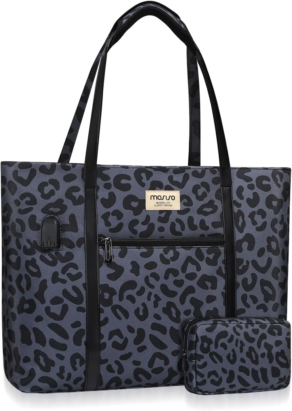 MOSISO USB Charging Port Laptop Bags for Women, Compatible with MacBook, 17-17.3 inch Notebook and Chromebook, Leopard Grain Work Tote Bag Travel Handbag Business Computer Bag with Small Purse, Black
