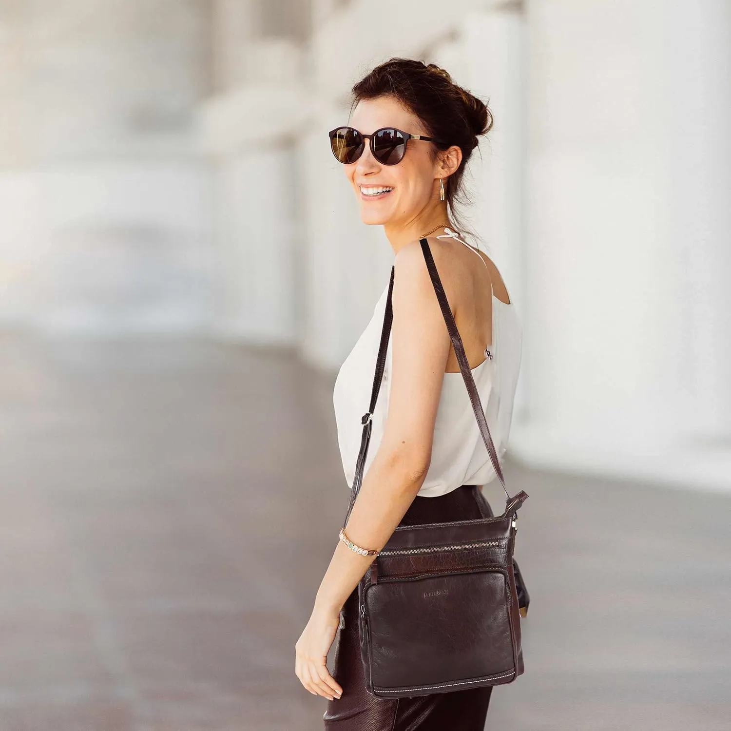 Olga Large Soft Real Leather Womens Crossbody Handbags and Purses-Triple Zip Premium Sling Crossover Shoulder Bag