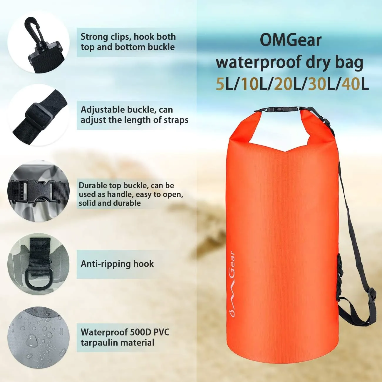 OMGear Waterproof Dry Bag Backpack Phone Pouch 40L/30L/20L/10L/5L Floating Dry Sack for Kayaking Boating Outdoors Activities