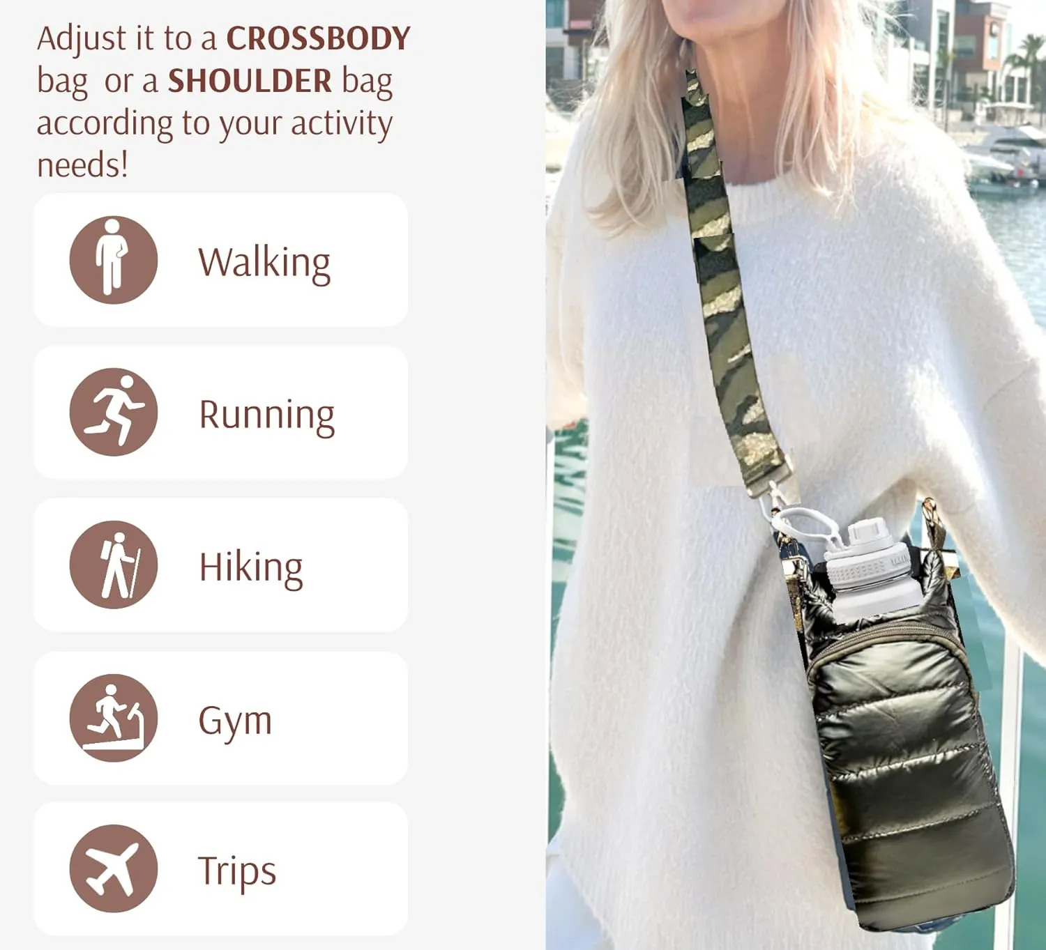 Original Crossbody Water Bottle Holder Bag with Strap.Stylish Puffer Bag.Pockets for Phone & Accessories.BEST GIFT