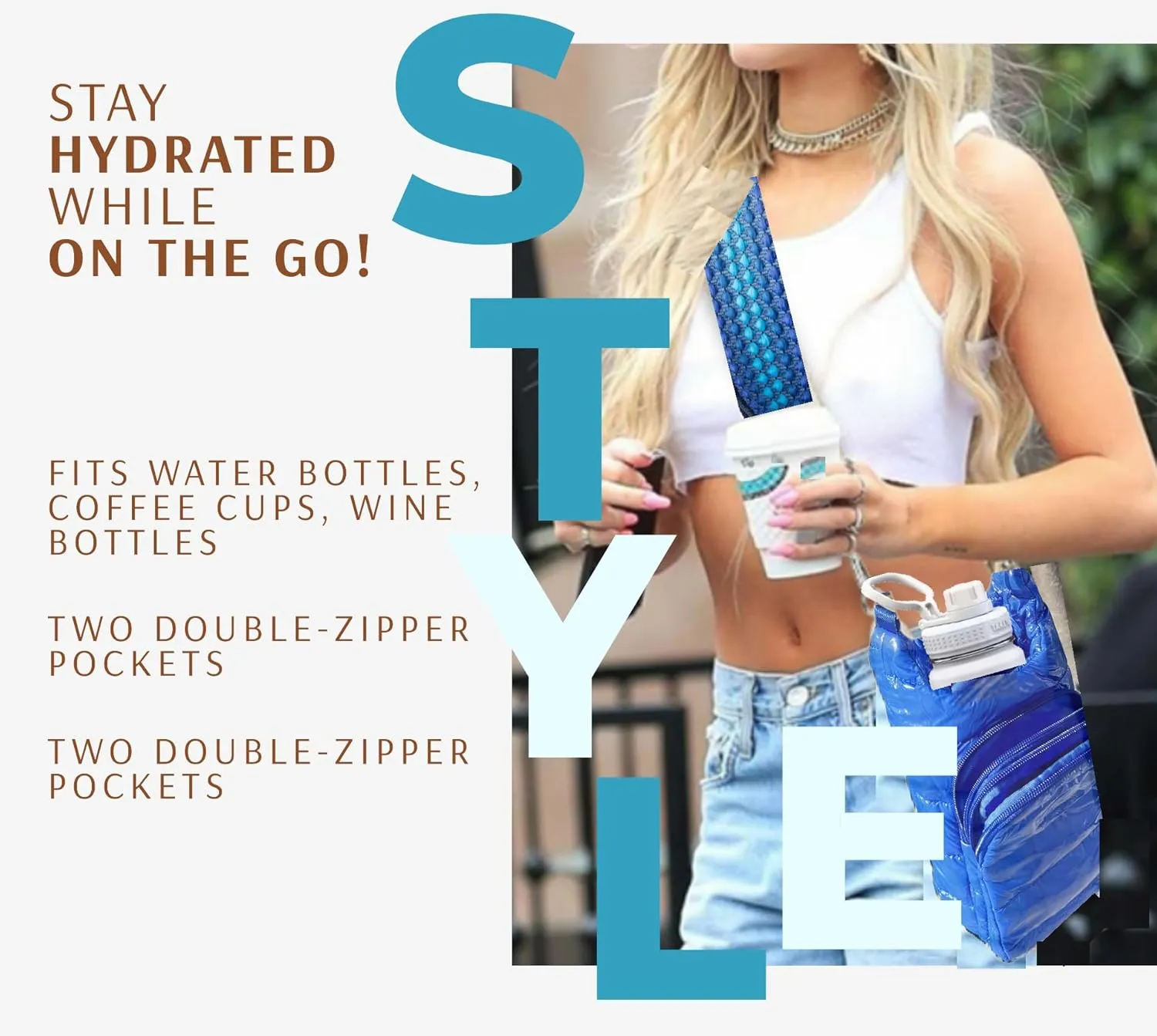 Original Crossbody Water Bottle Holder Bag with Strap.Stylish Puffer Bag.Pockets for Phone & Accessories.BEST GIFT