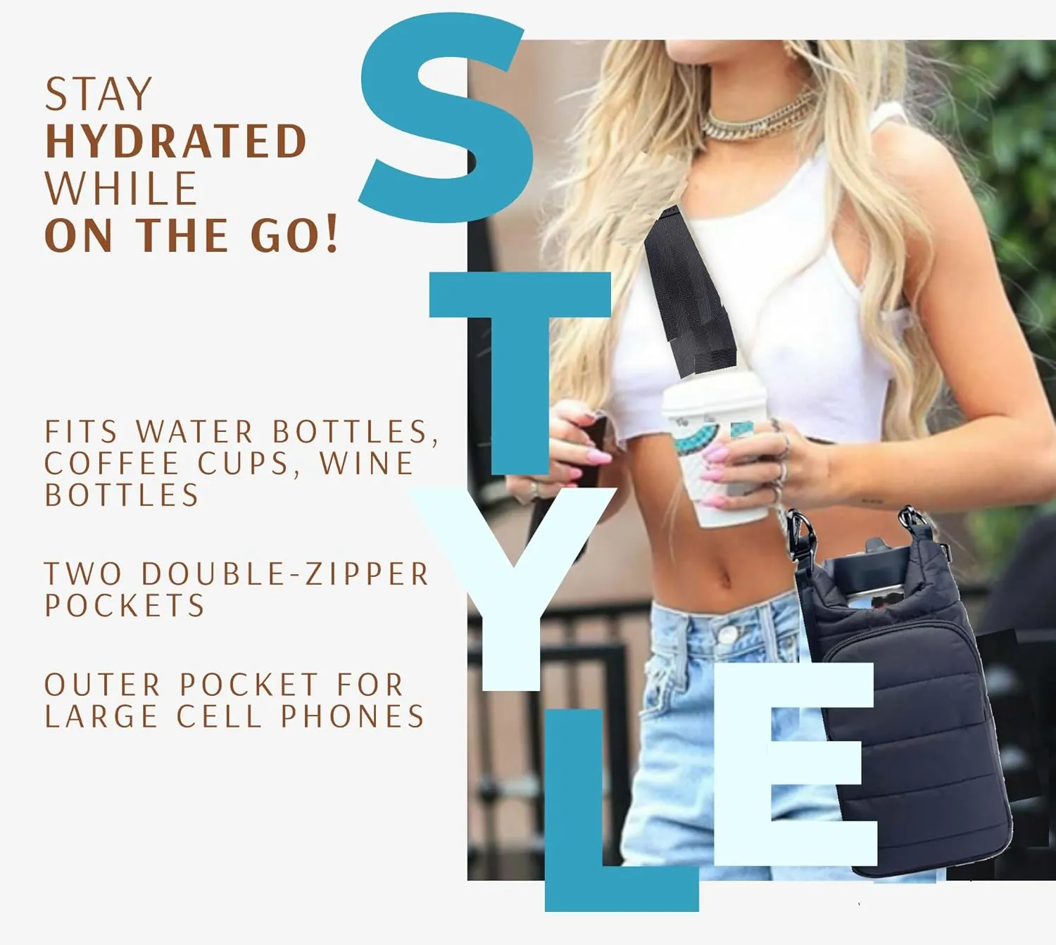 Original Crossbody Water Bottle Holder Bag with Strap.Stylish Puffer Bag.Pockets for Phone & Accessories.BEST GIFT