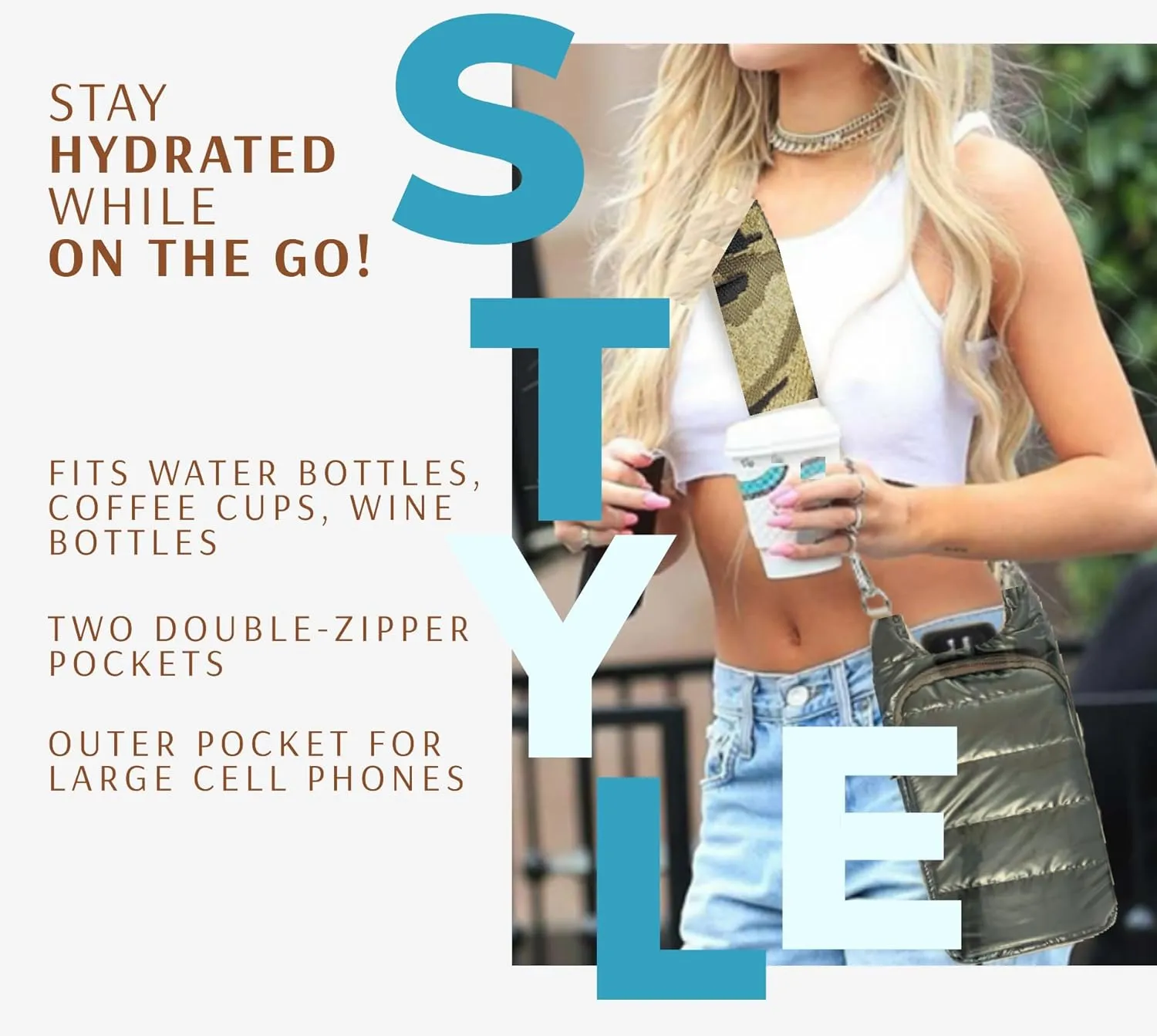 Original Crossbody Water Bottle Holder Bag with Strap.Stylish Puffer Bag.Pockets for Phone & Accessories.BEST GIFT