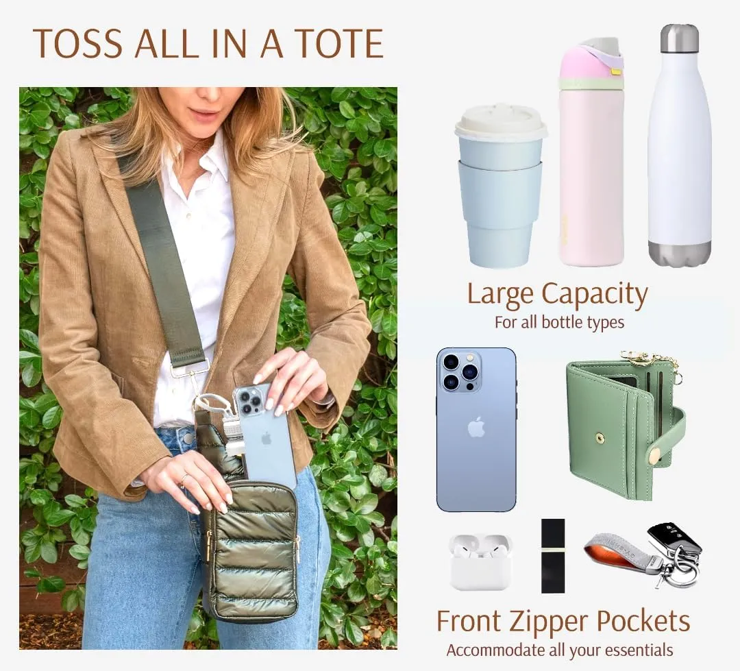 Original Crossbody Water Bottle Holder Bag with Strap.Stylish Puffer Bag.Pockets for Phone & Accessories.BEST GIFT