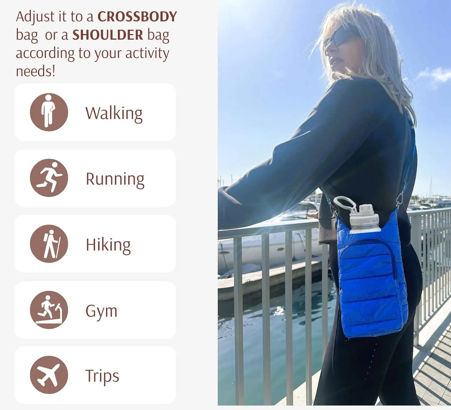 Original Crossbody Water Bottle Holder Bag with Strap.Stylish Puffer Bag.Pockets for Phone & Accessories.BEST GIFT
