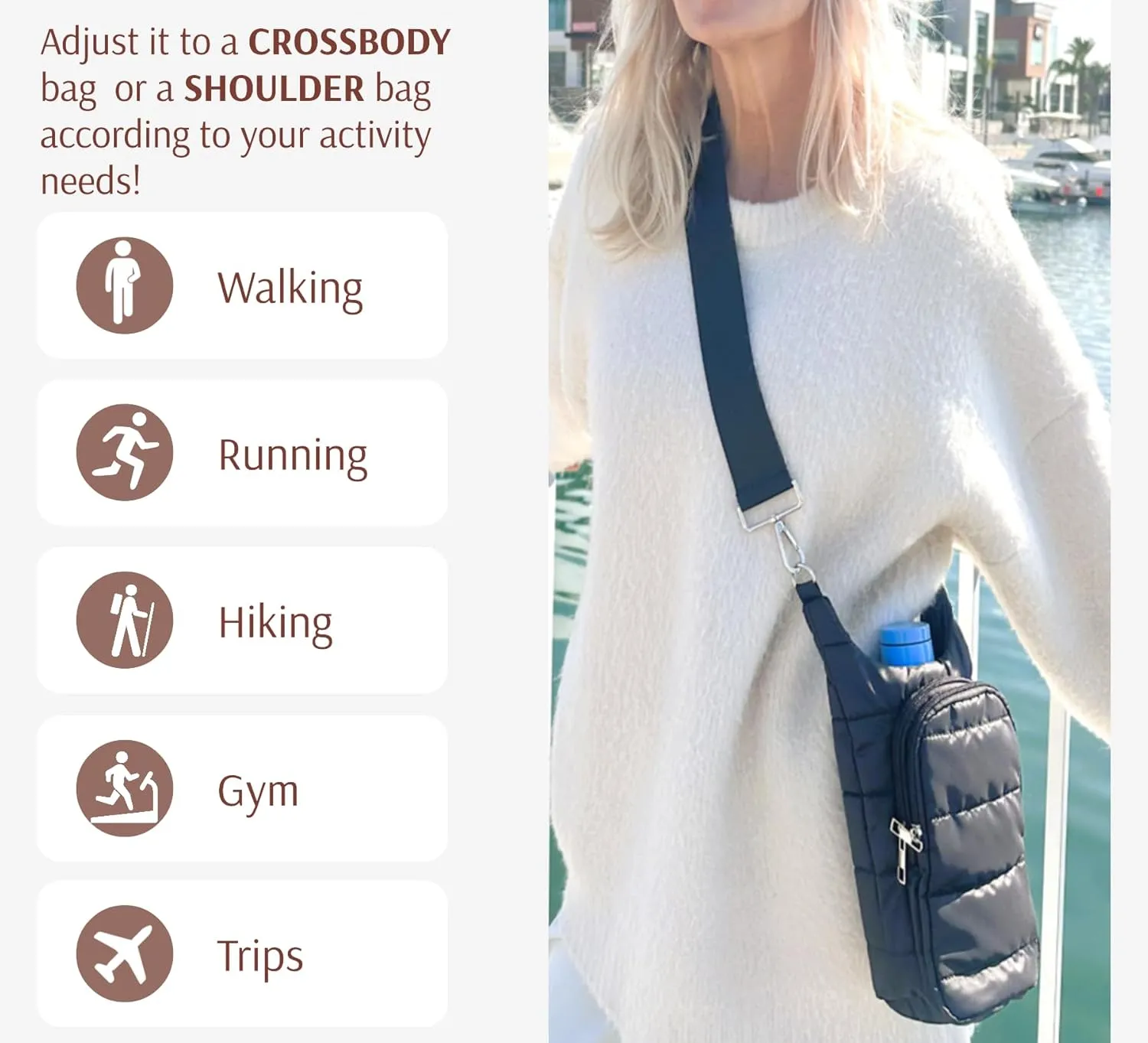Original Crossbody Water Bottle Holder Bag with Strap.Stylish Puffer Bag.Pockets for Phone & Accessories.BEST GIFT